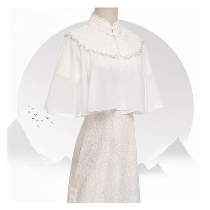 Set: Short-Sleeve Lace Midi Qipao   Faux Pearl Capelet