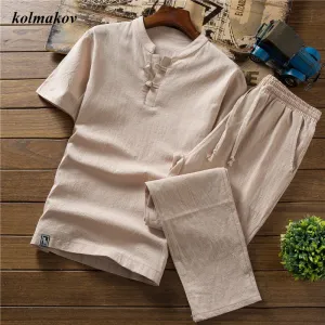 (Shirt   trousers) New Arrival Summer Style Men Cotton and Linen Shirts High Quality Fashion Casual Solid Men's Shirts M-5XL