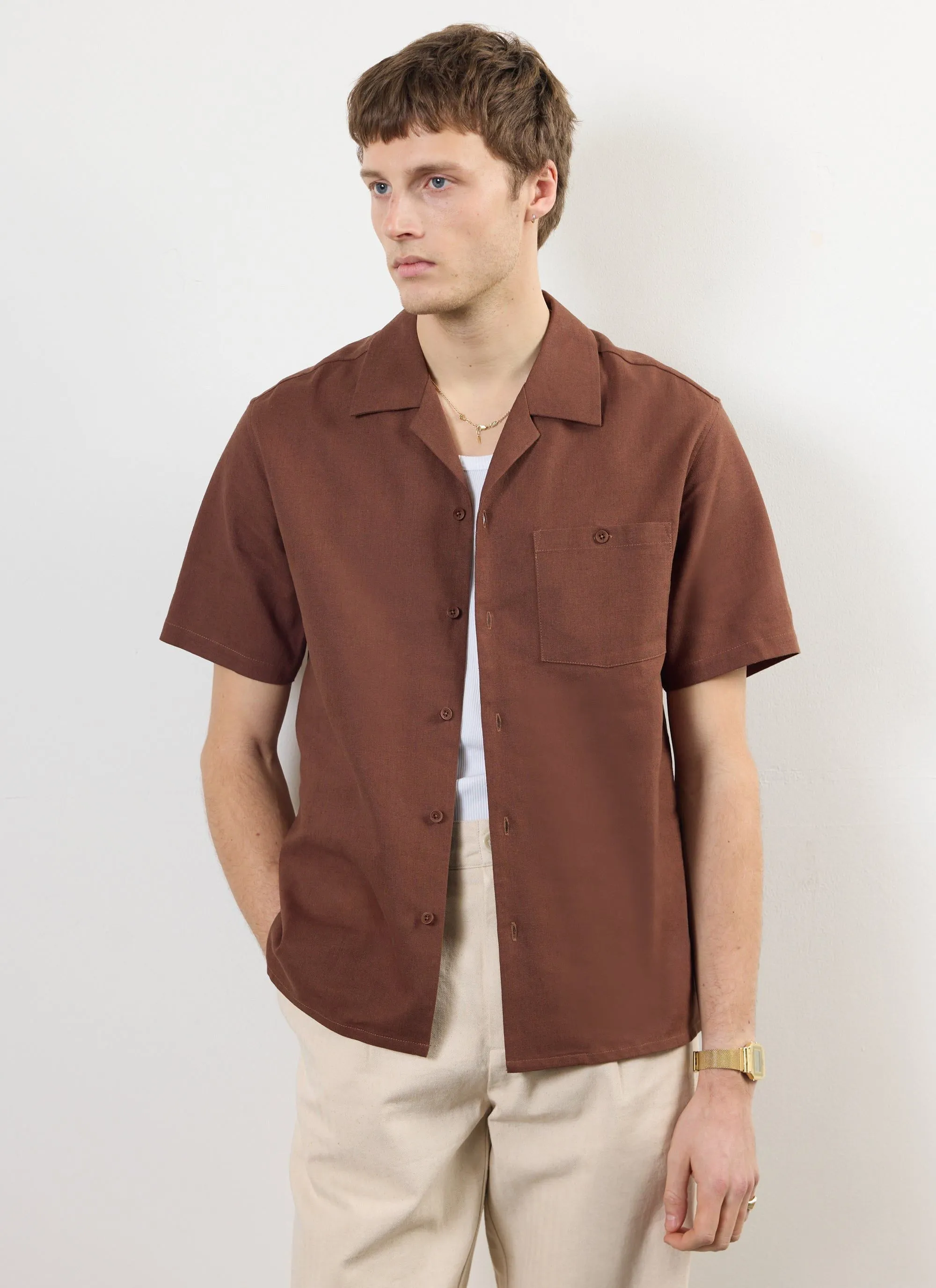 Short Sleeve Cuban Shirt | Linen | Espresso