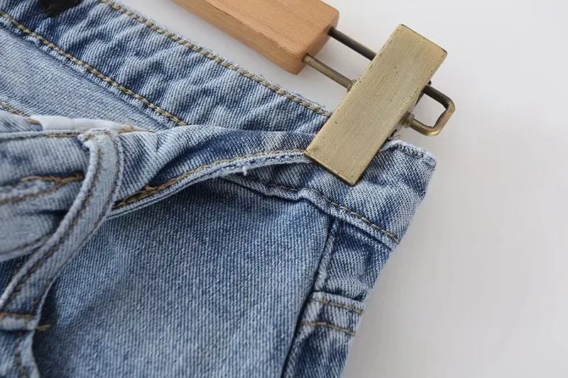 Side Slit Destressed Raw Hem Denim Shorts
