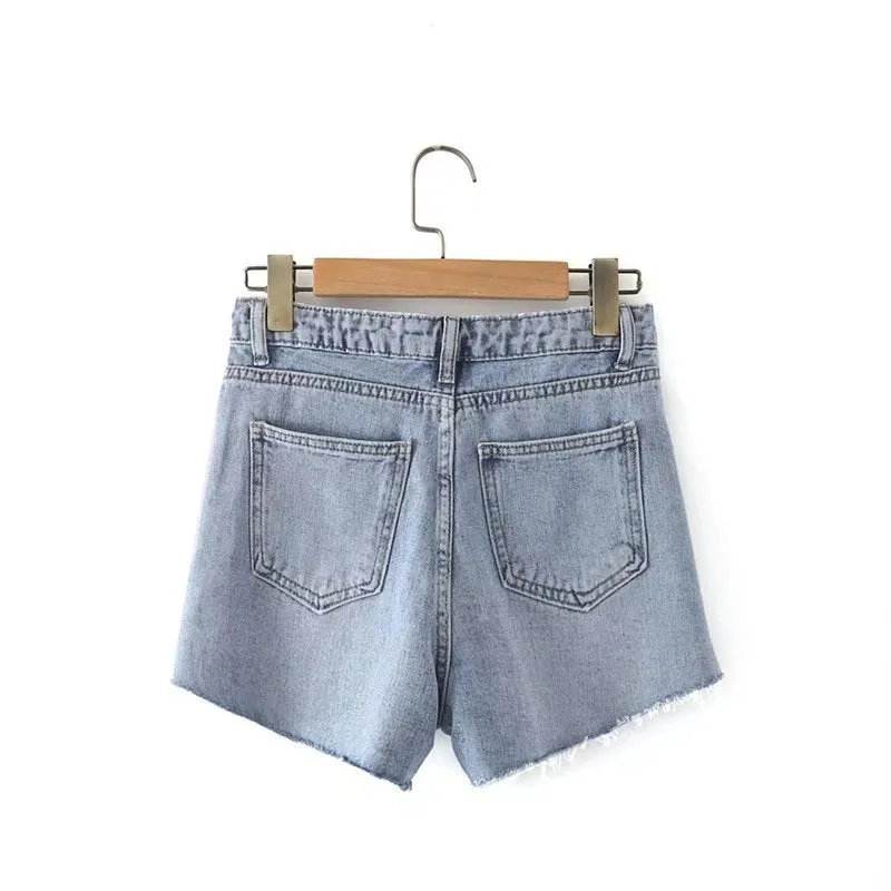 Side Slit Destressed Raw Hem Denim Shorts