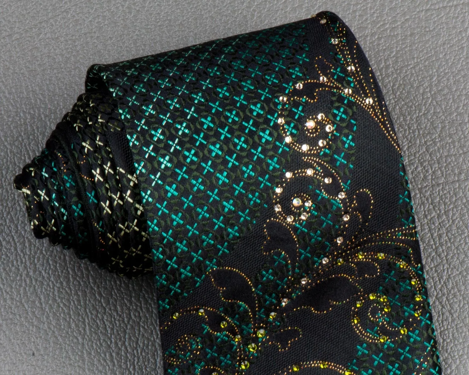 Silk Necktie Green Crosses Gold Scrolls On Black With Rhinestones