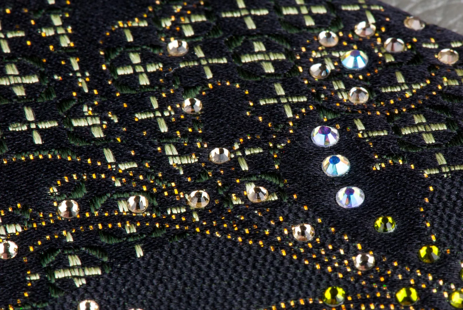 Silk Necktie Green Crosses Gold Scrolls On Black With Rhinestones