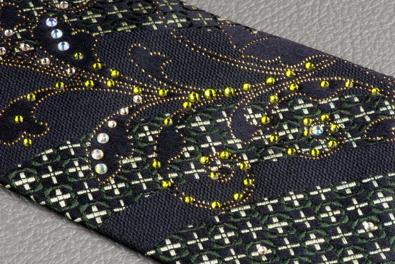 Silk Necktie Green Crosses Gold Scrolls On Black With Rhinestones
