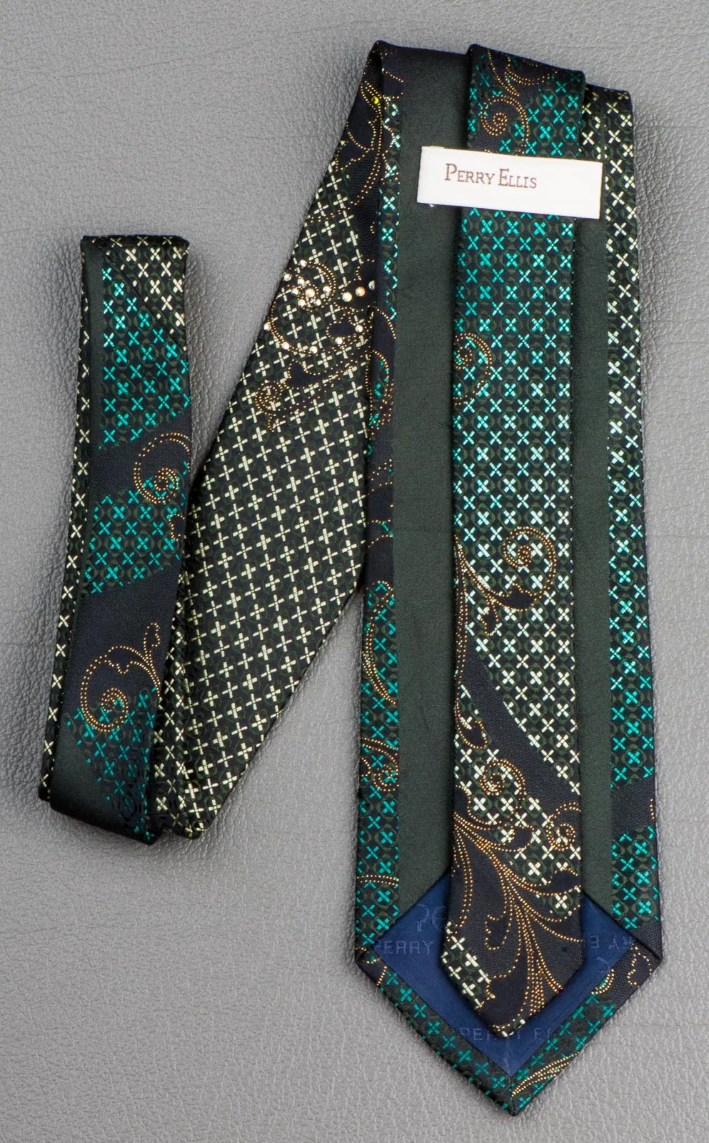 Silk Necktie Green Crosses Gold Scrolls On Black With Rhinestones