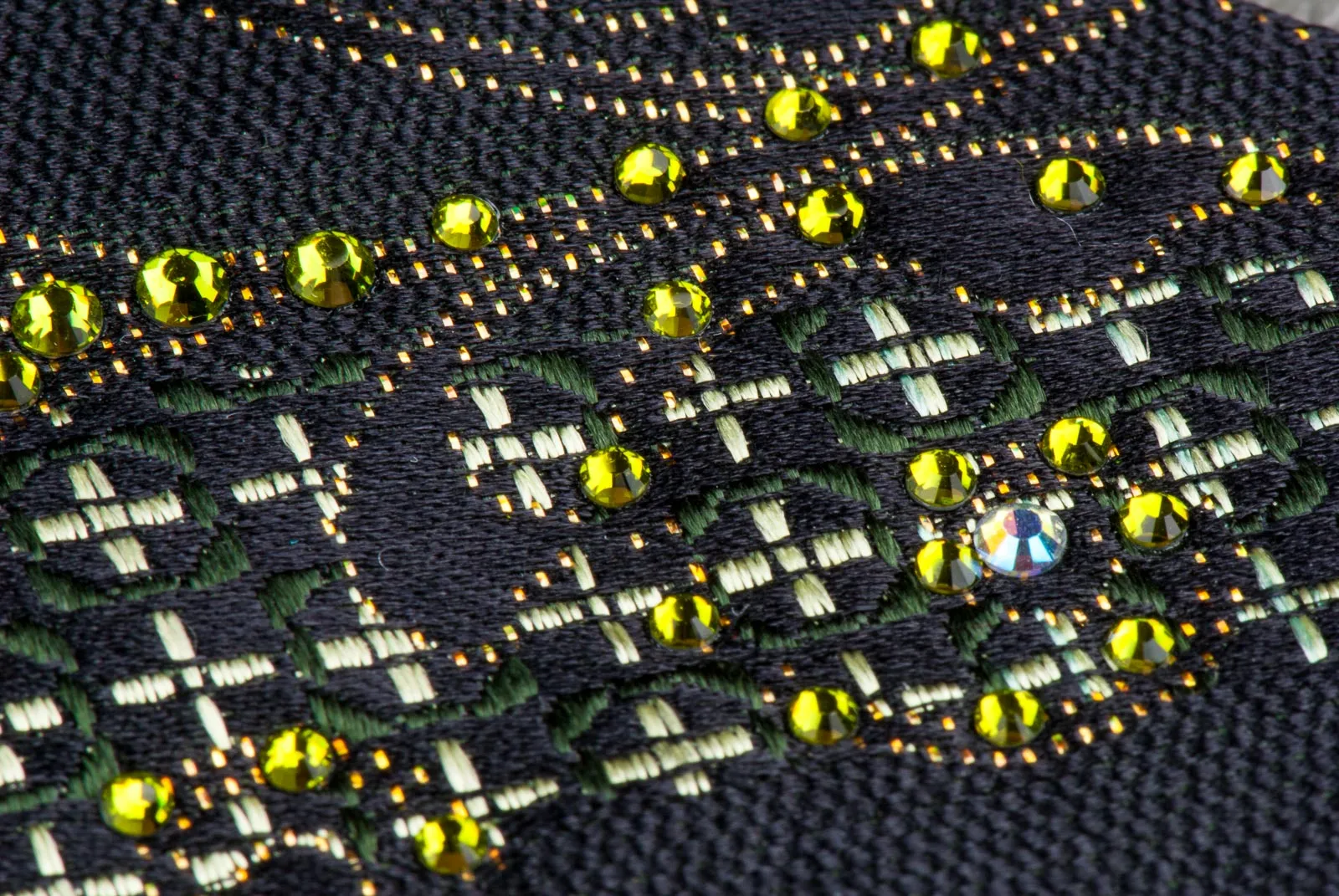 Silk Necktie Green Crosses Gold Scrolls On Black With Rhinestones