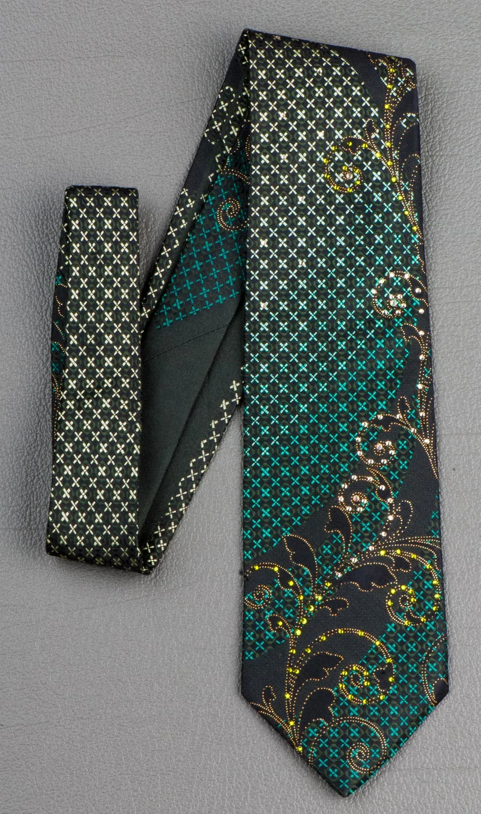 Silk Necktie Green Crosses Gold Scrolls On Black With Rhinestones