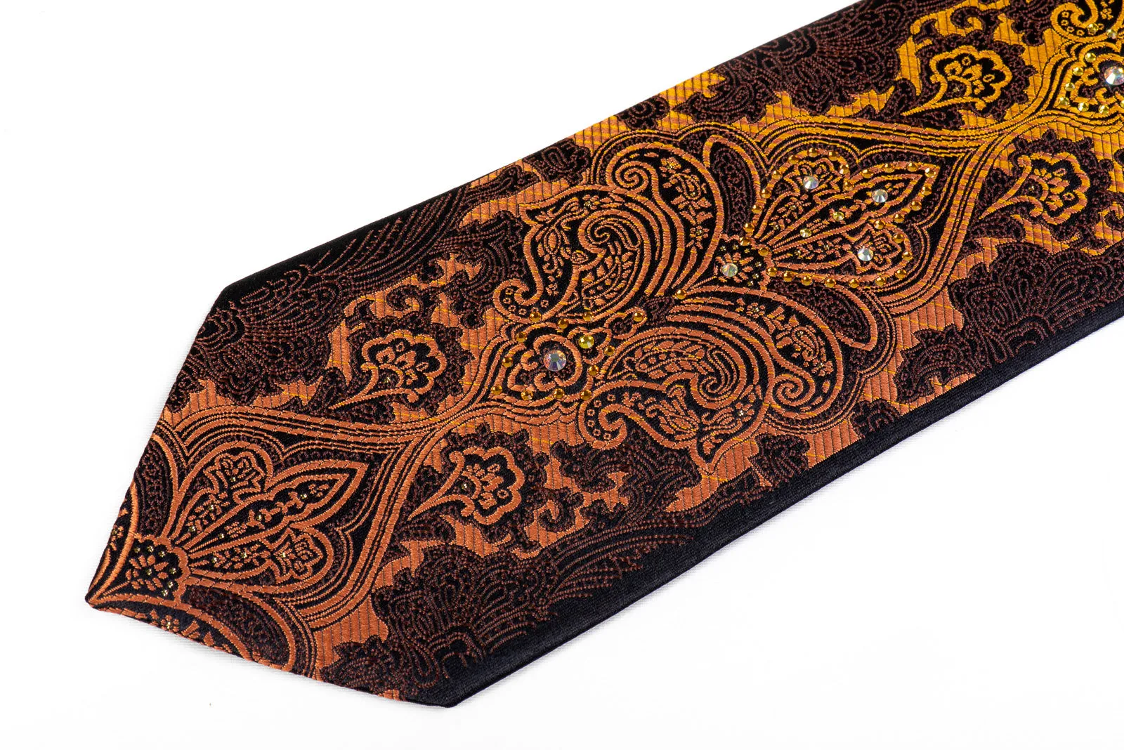 Silk Rhinestone Necktie Orange Damask Om Brown Black With Gold Sparkles