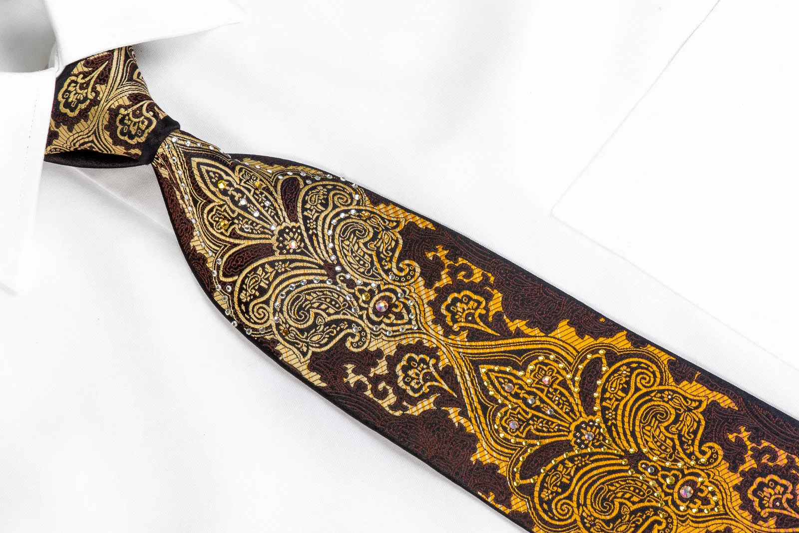 Silk Rhinestone Necktie Orange Damask Om Brown Black With Gold Sparkles