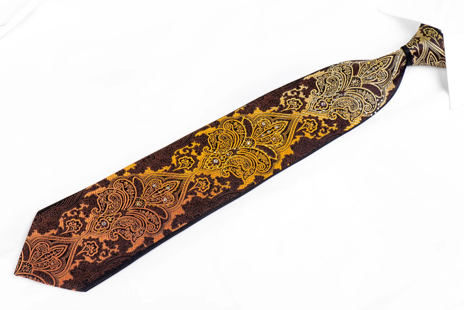 Silk Rhinestone Necktie Orange Damask Om Brown Black With Gold Sparkles