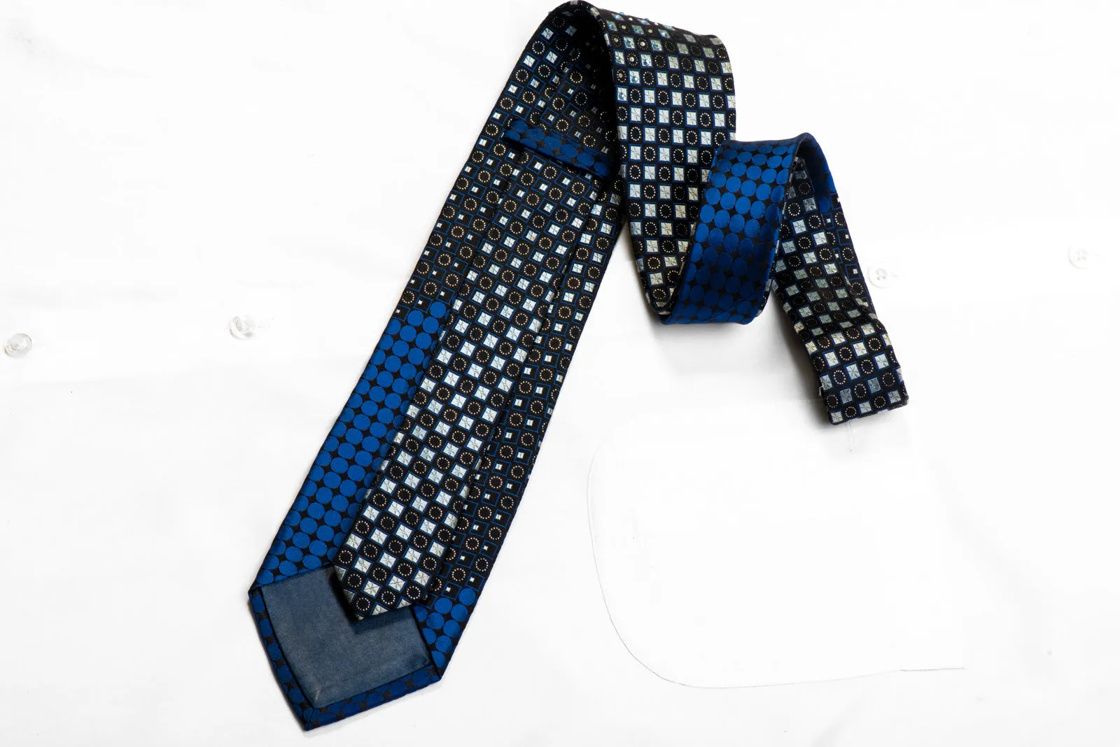 Silver Blue Geometric On Black Rhinestone Silk Tie With Sparkles
