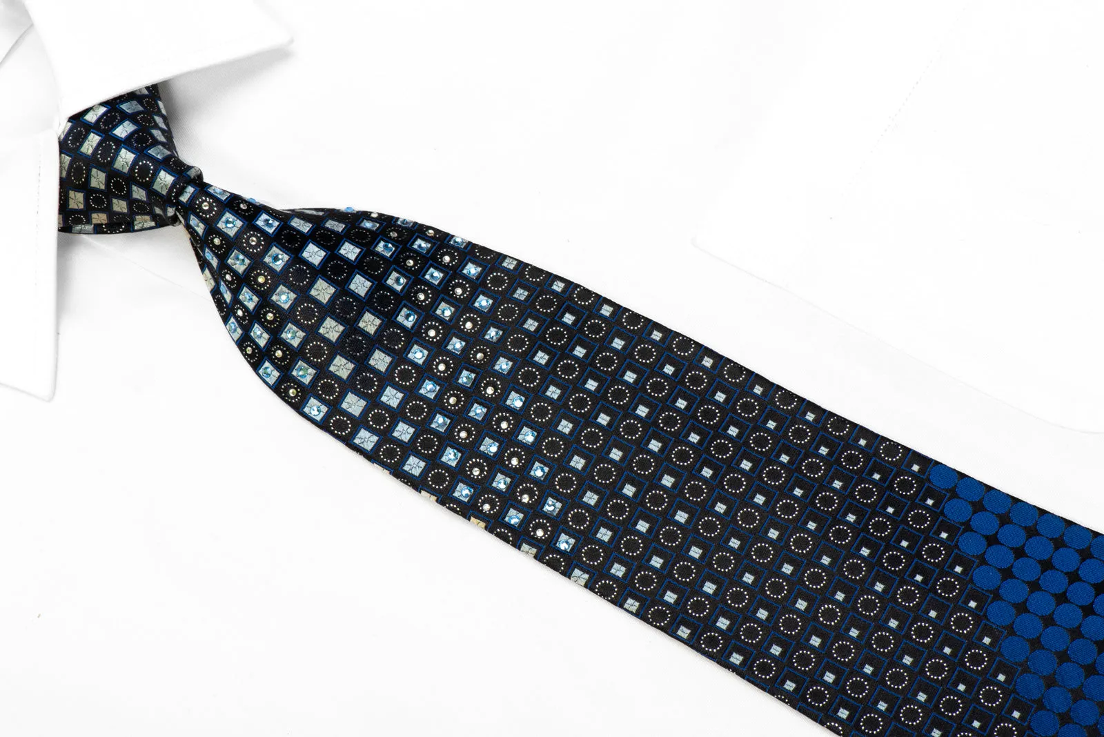 Silver Blue Geometric On Black Rhinestone Silk Tie With Sparkles