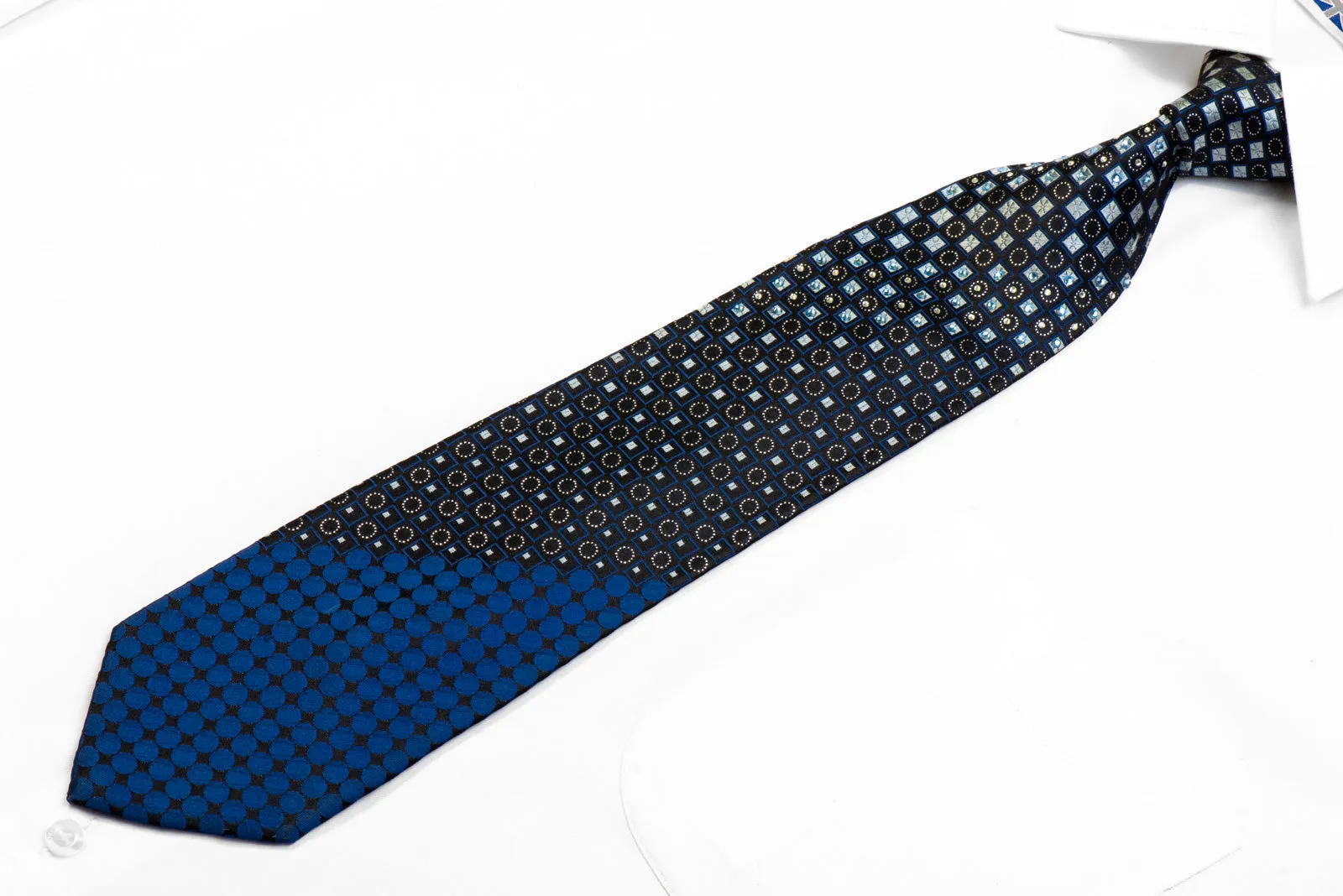 Silver Blue Geometric On Black Rhinestone Silk Tie With Sparkles