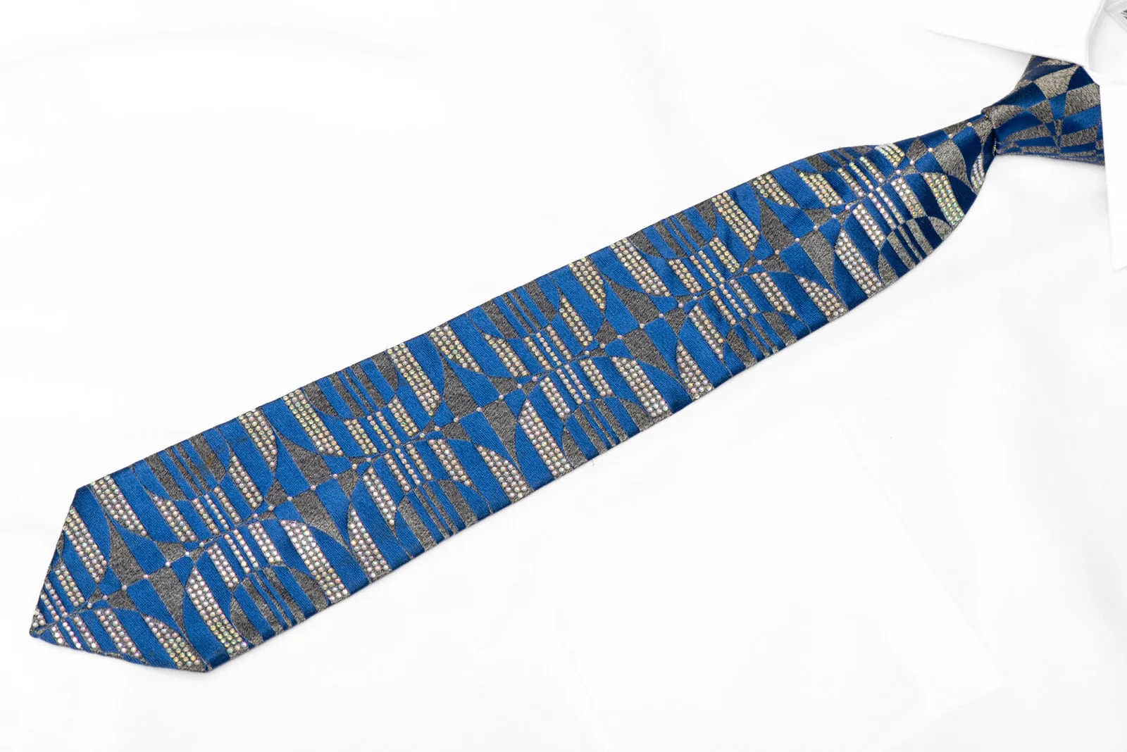 Silver Blue Geometric Rhinestone Silk Necktie