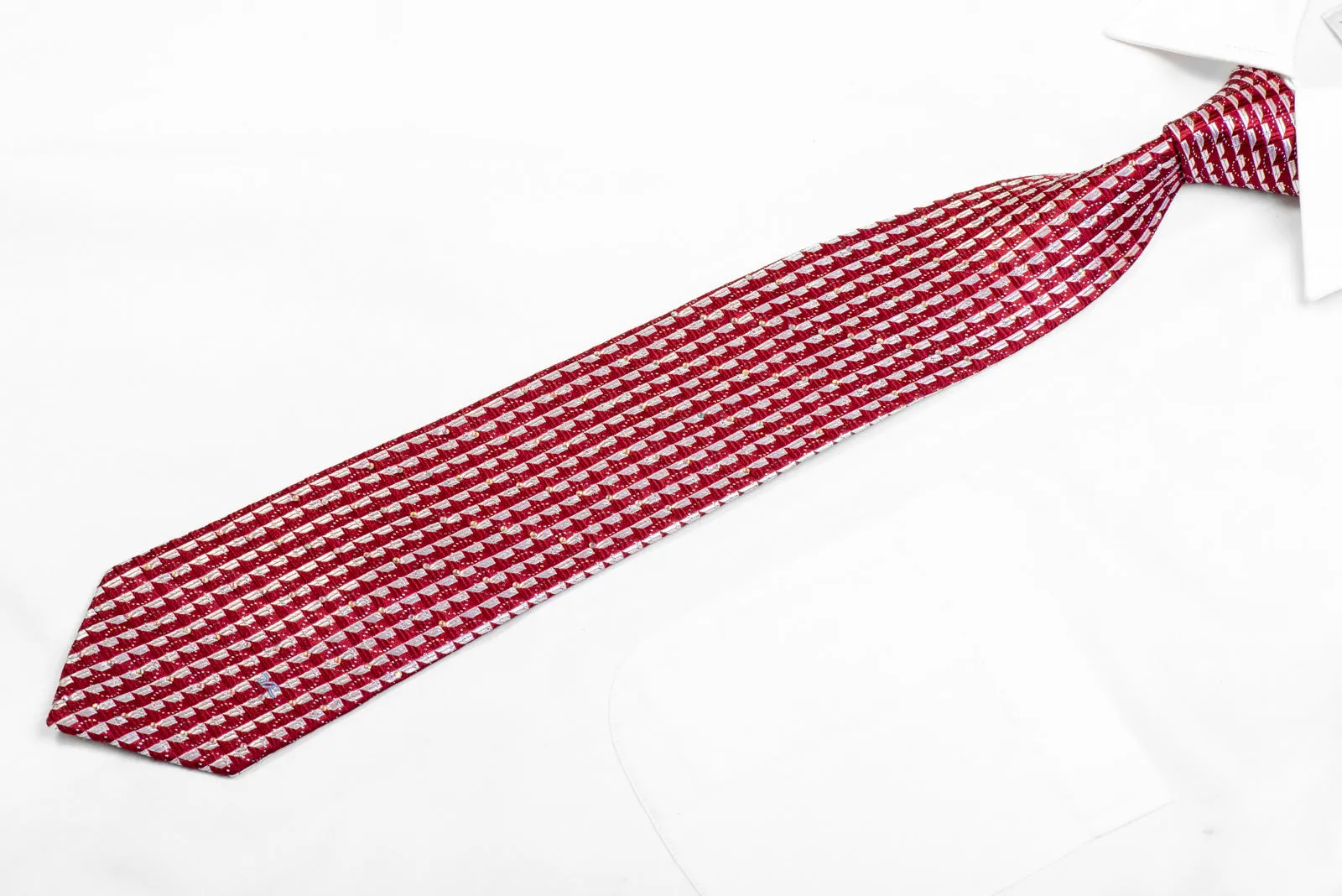 Silver Burgundy Geometric Rhinestone Silk Necktie With Silver Sparkles