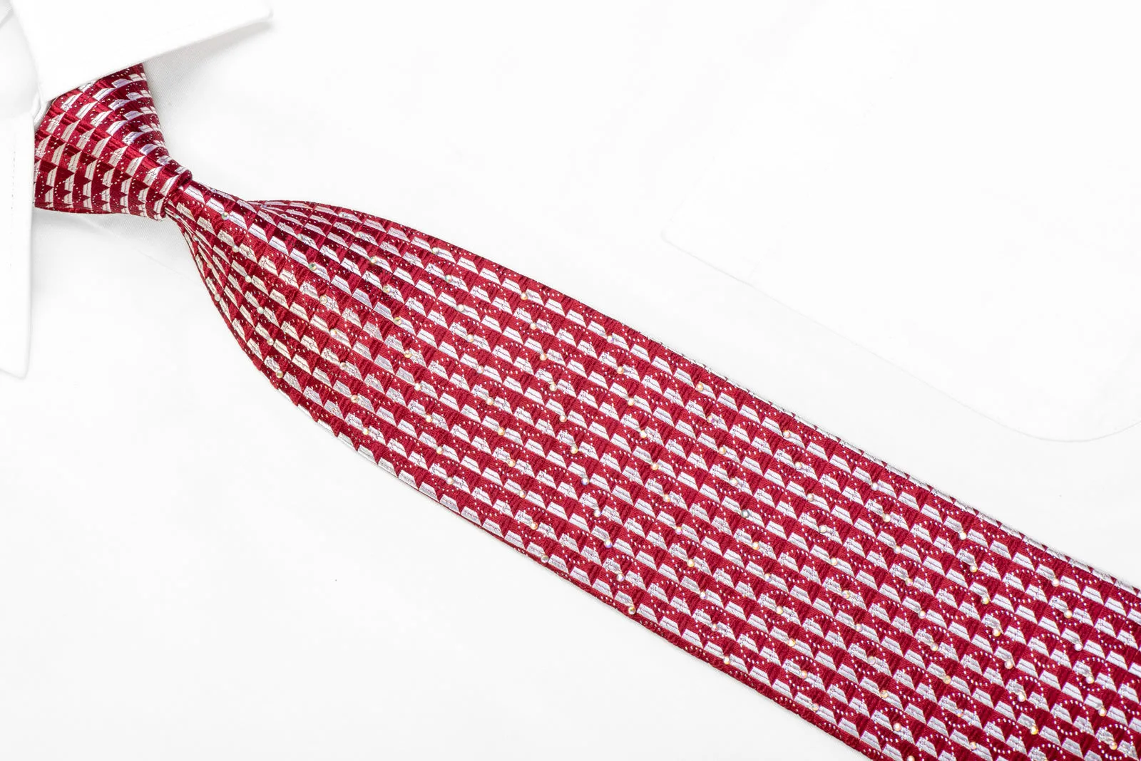 Silver Burgundy Geometric Rhinestone Silk Necktie With Silver Sparkles