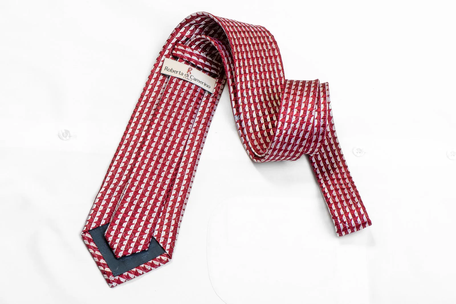 Silver Burgundy Geometric Rhinestone Silk Necktie With Silver Sparkles