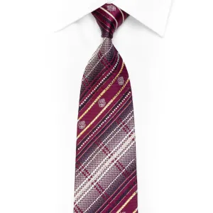 Silver Burgundy Plaid Rhinestone Silk Necktie With Gold Sparkles