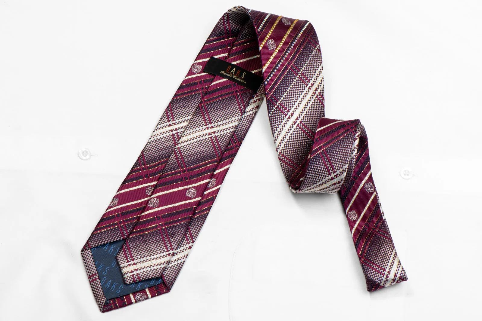 Silver Burgundy Plaid Rhinestone Silk Necktie With Gold Sparkles