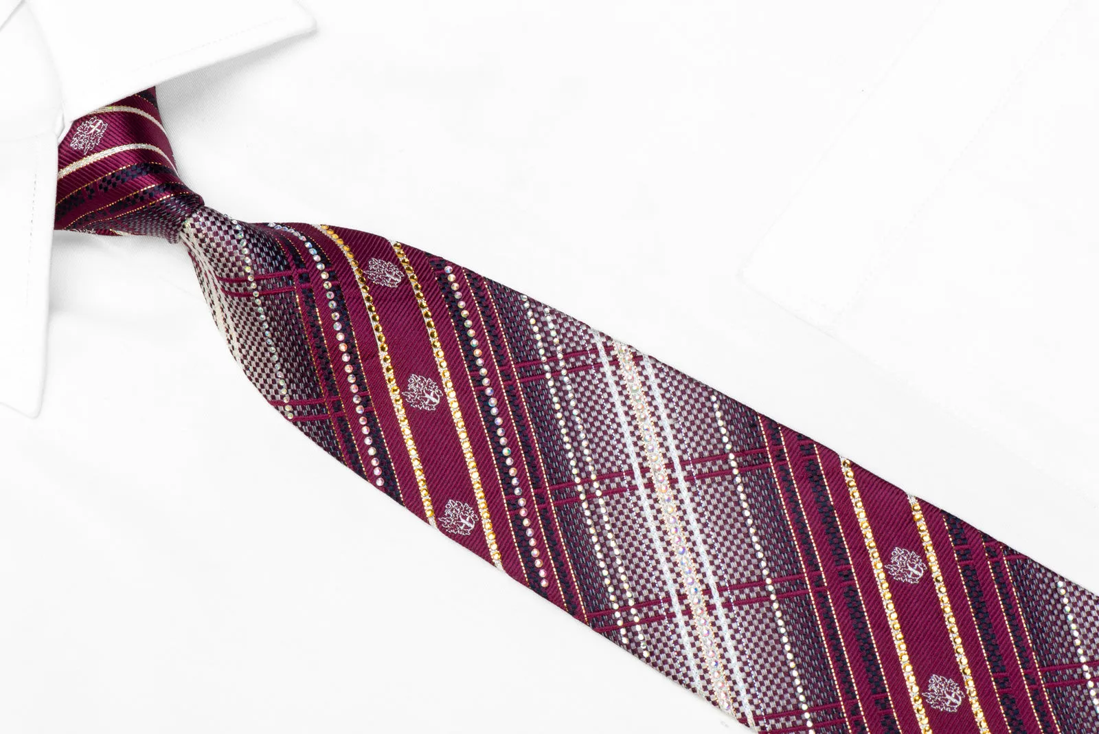 Silver Burgundy Plaid Rhinestone Silk Necktie With Gold Sparkles