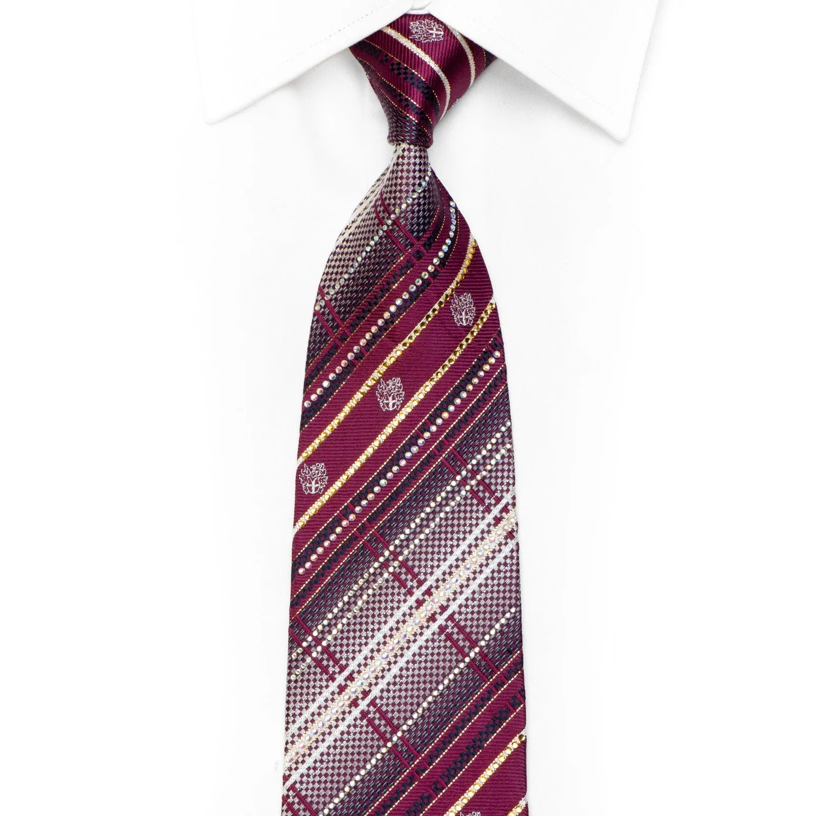 Silver Burgundy Plaid Rhinestone Silk Necktie With Gold Sparkles
