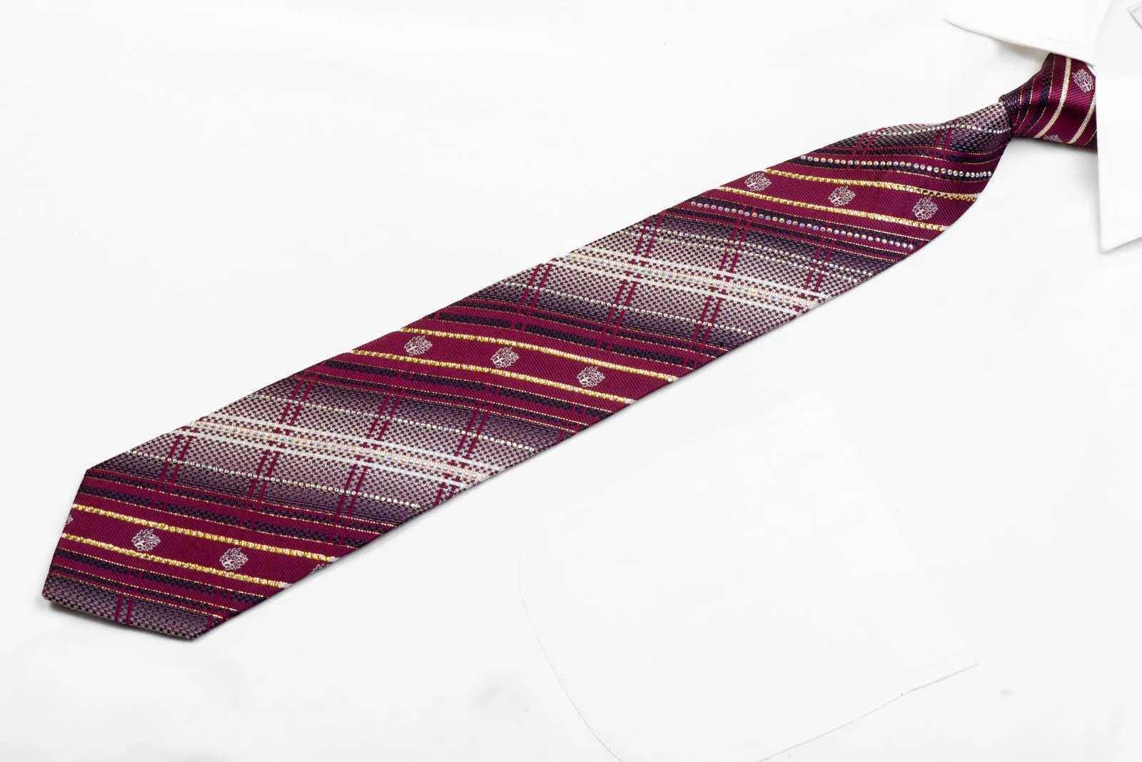 Silver Burgundy Plaid Rhinestone Silk Necktie With Gold Sparkles