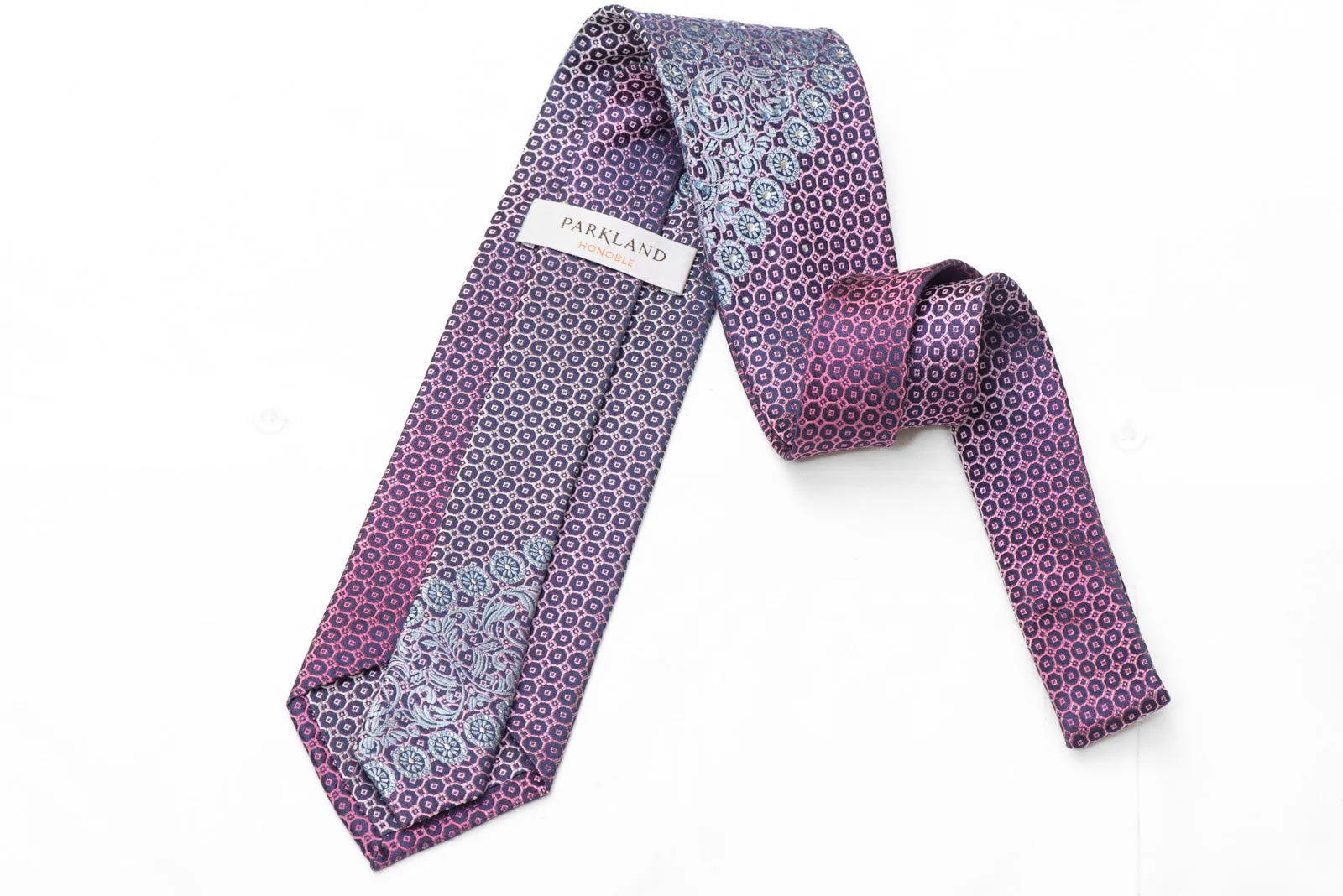 Silver Cartouche Violet Geometric On Blue Rhinestone Silk Tie
