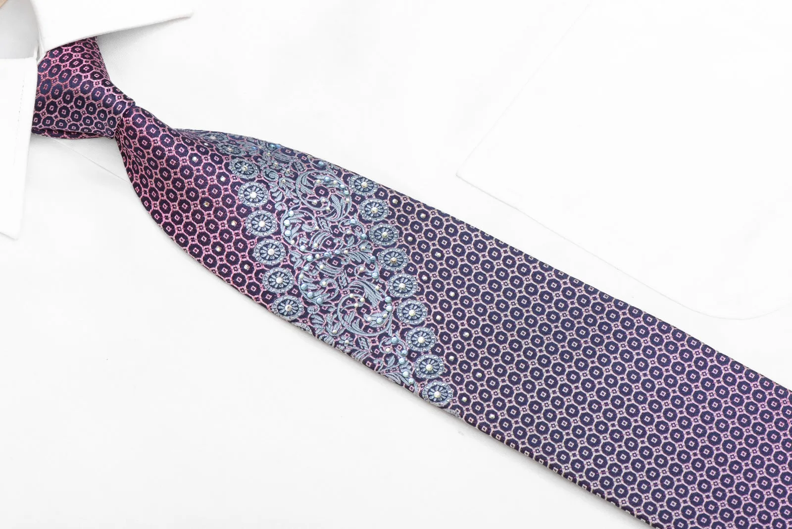 Silver Cartouche Violet Geometric On Blue Rhinestone Silk Tie