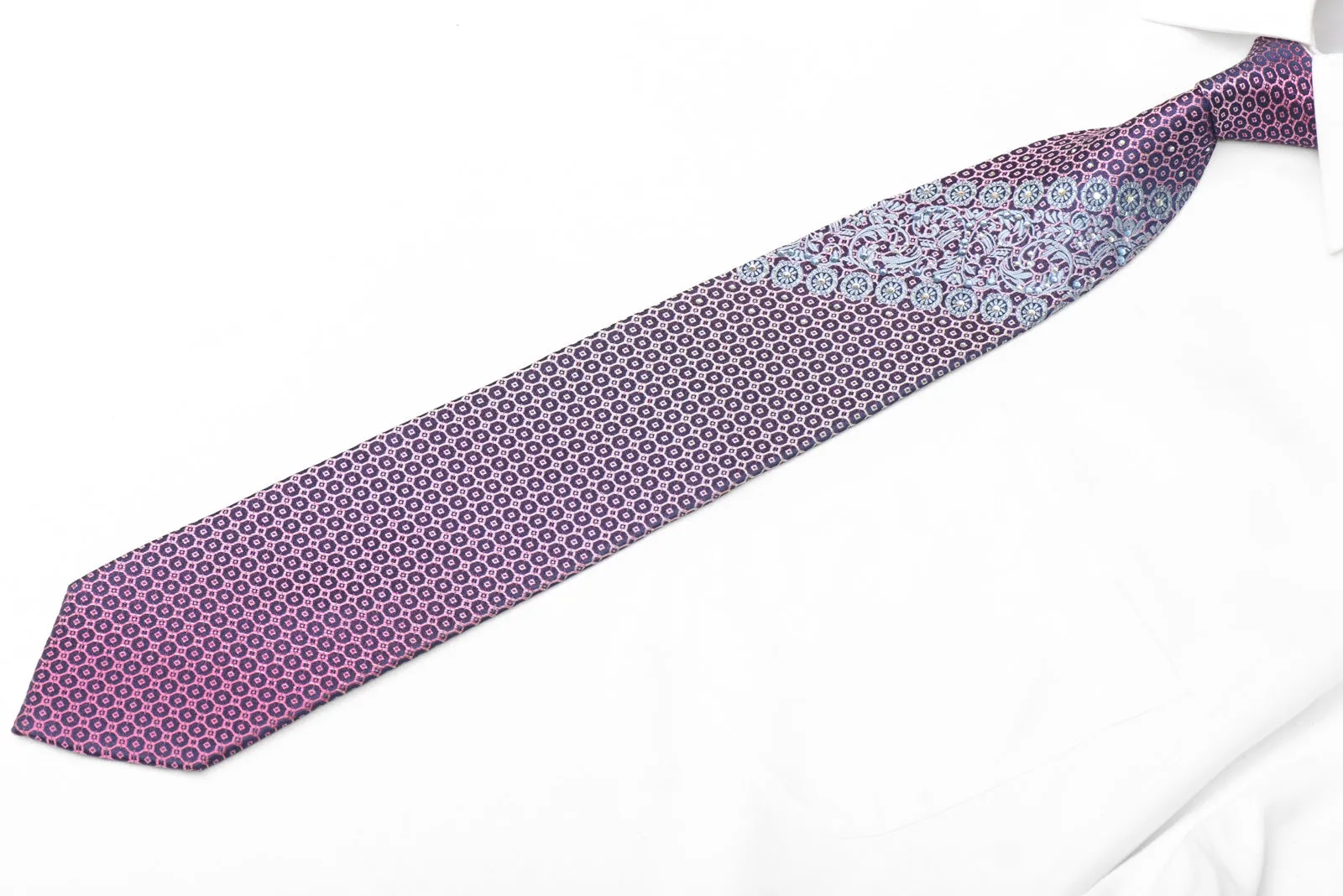 Silver Cartouche Violet Geometric On Blue Rhinestone Silk Tie