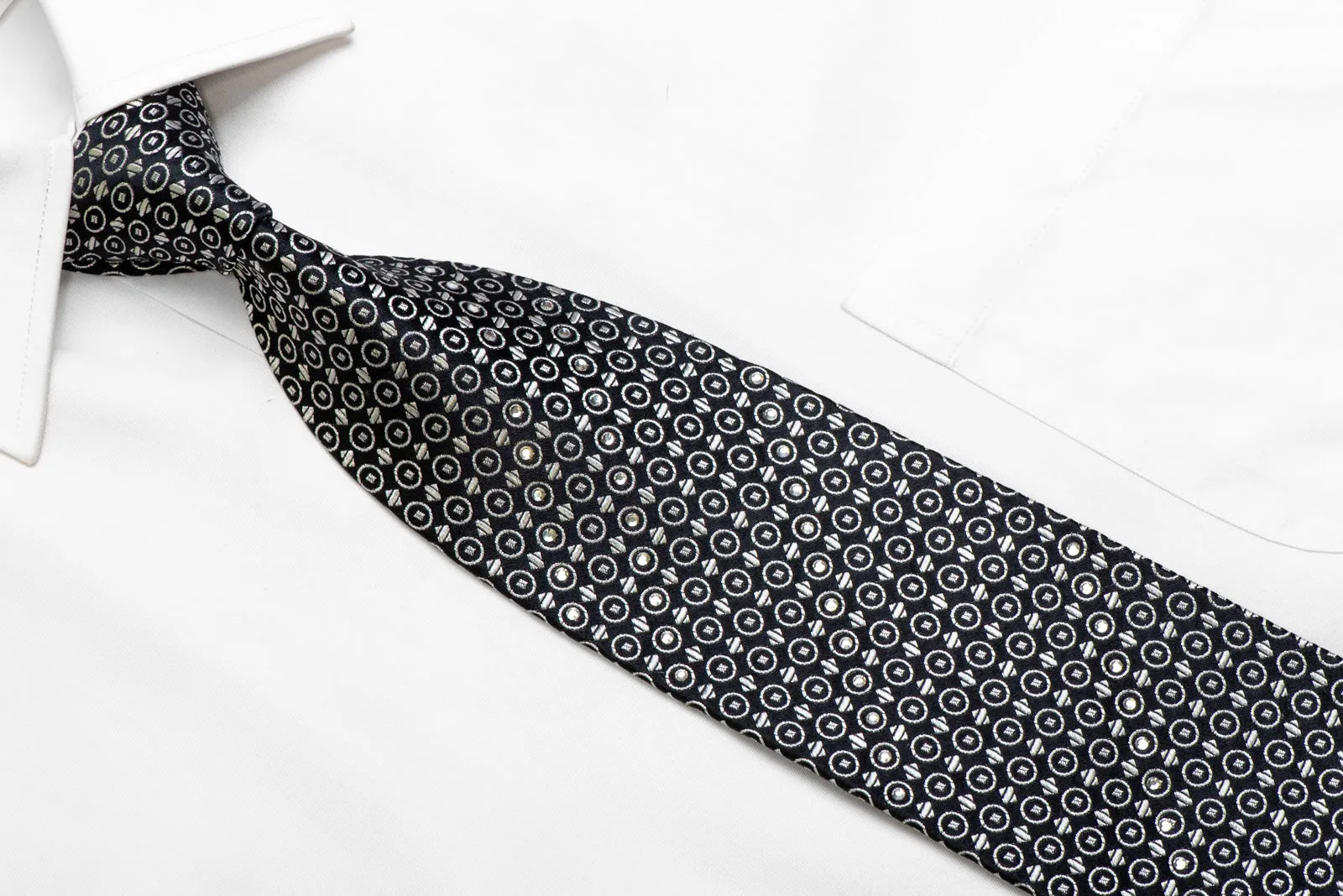 Silver Geometric On Black Rhinestone Silk Necktie