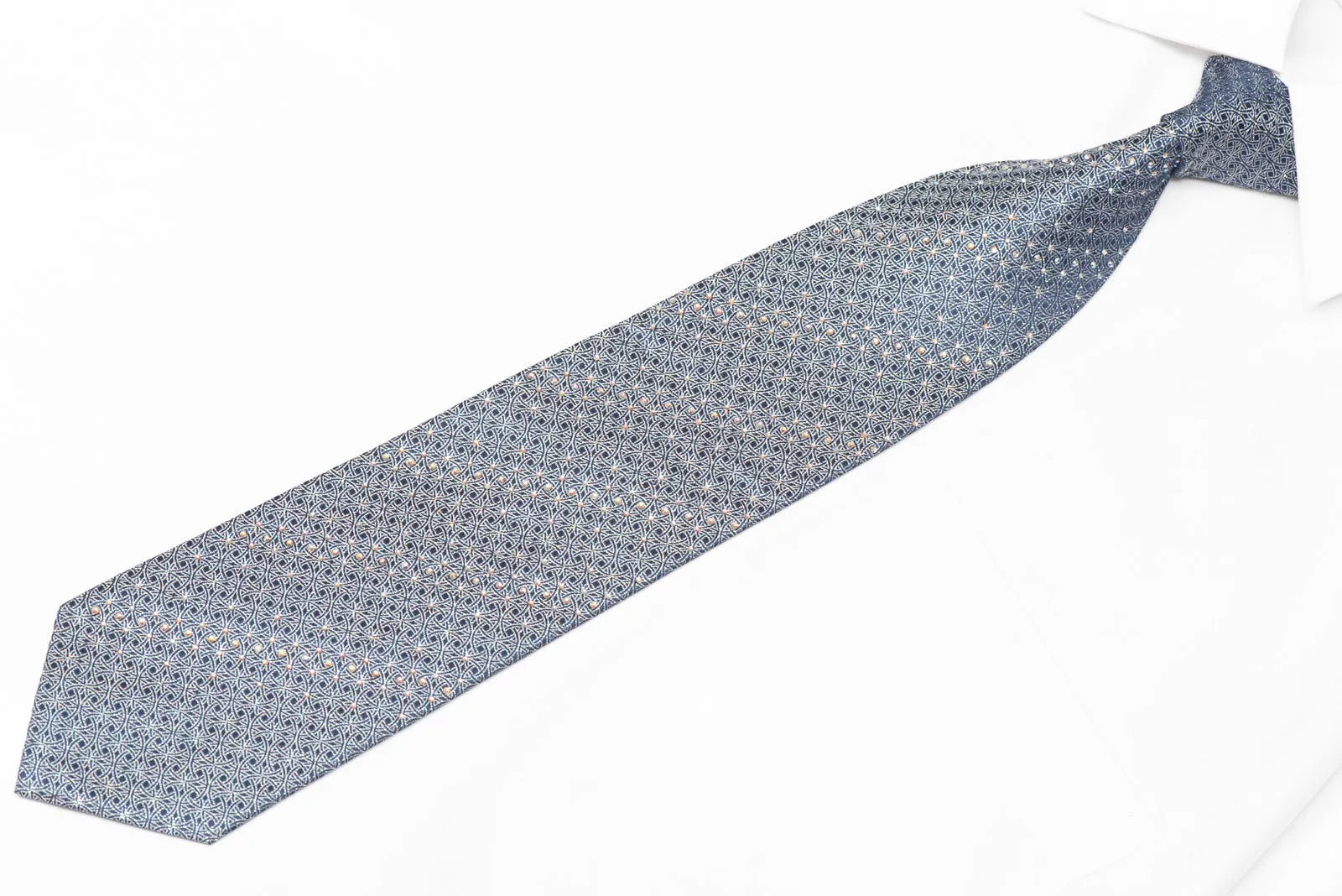 Silver Interlocking Circles On Dark Blue Rhinestone Silk Necktie With Silver Sparkles
