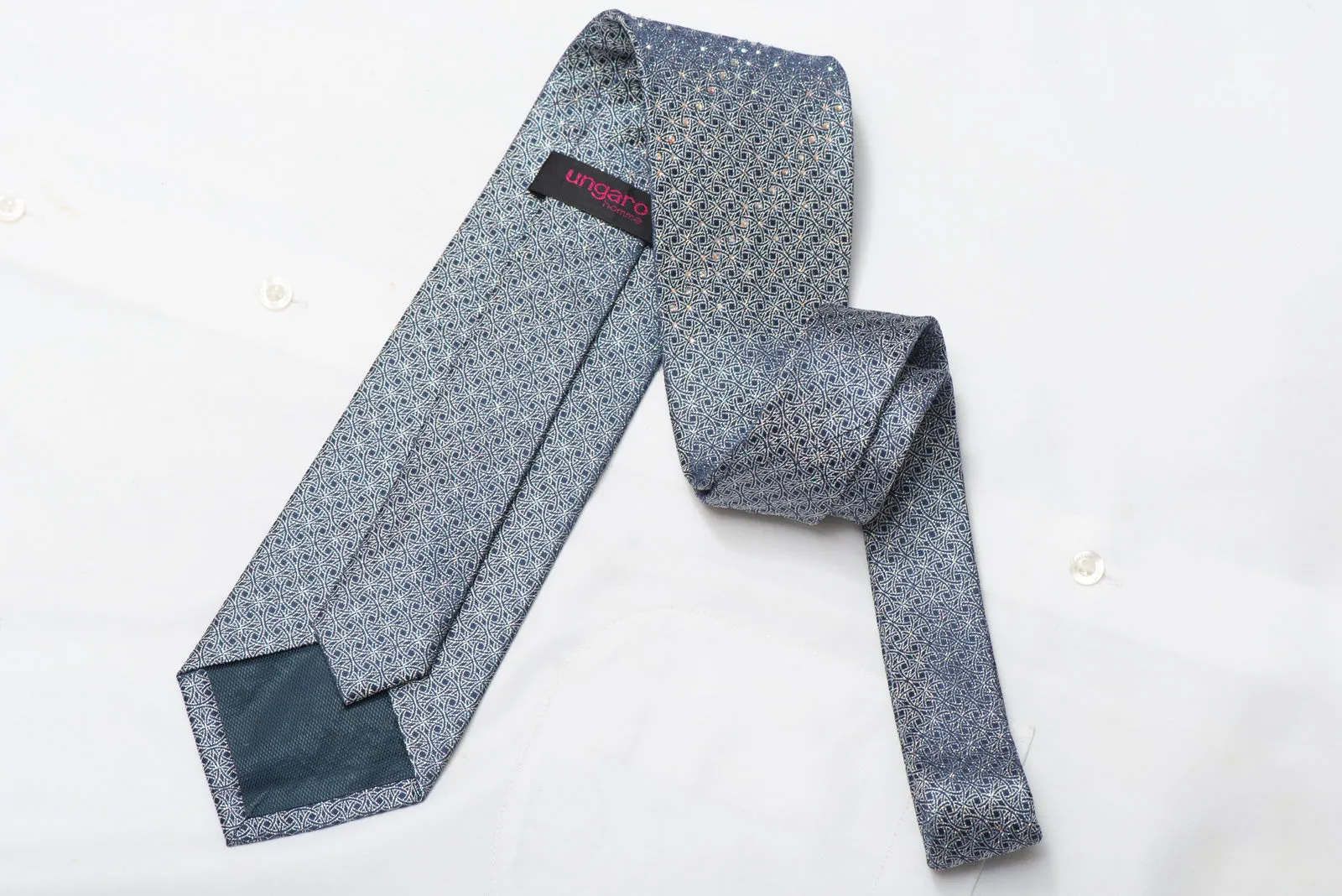 Silver Interlocking Circles On Dark Blue Rhinestone Silk Necktie With Silver Sparkles