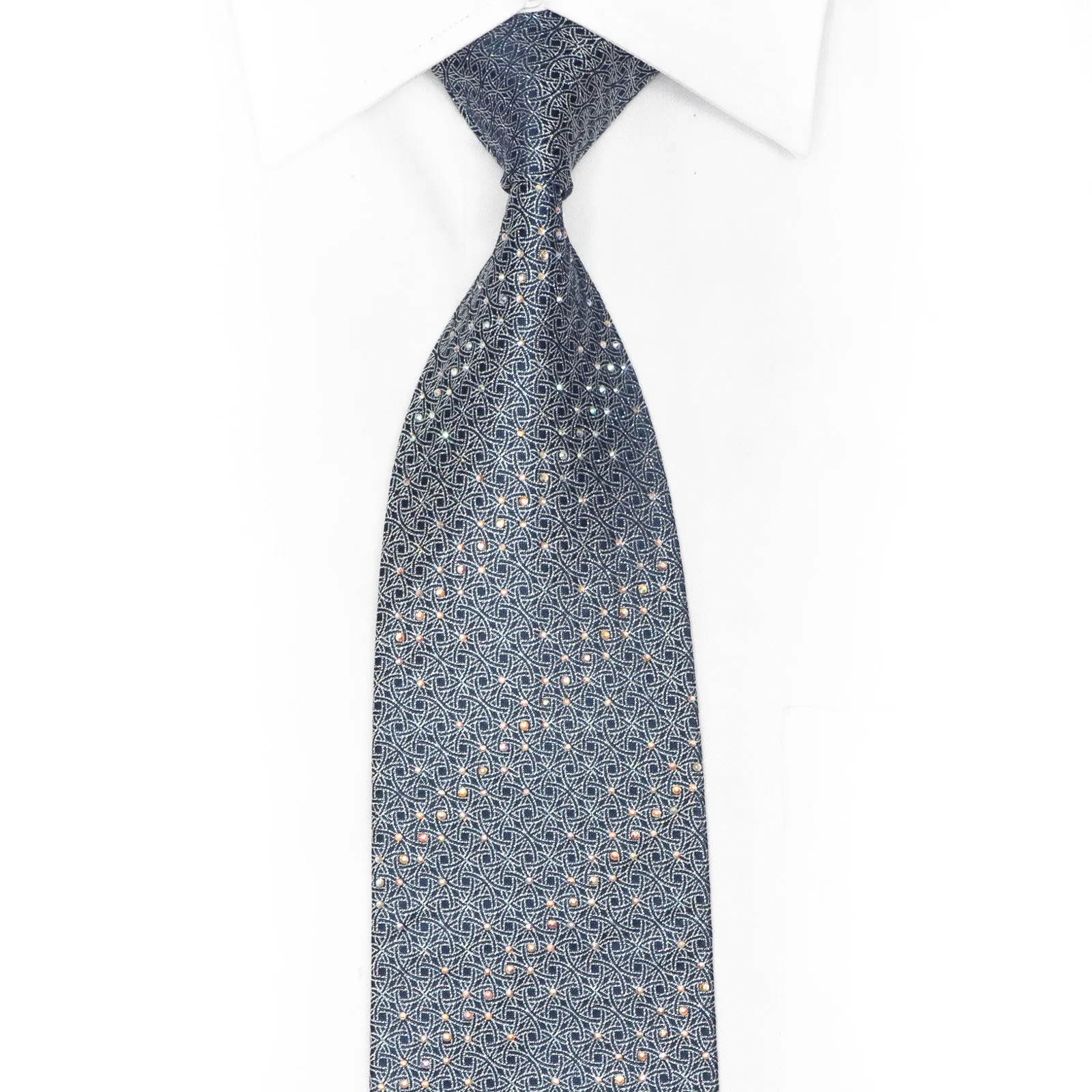 Silver Interlocking Circles On Dark Blue Rhinestone Silk Necktie With Silver Sparkles
