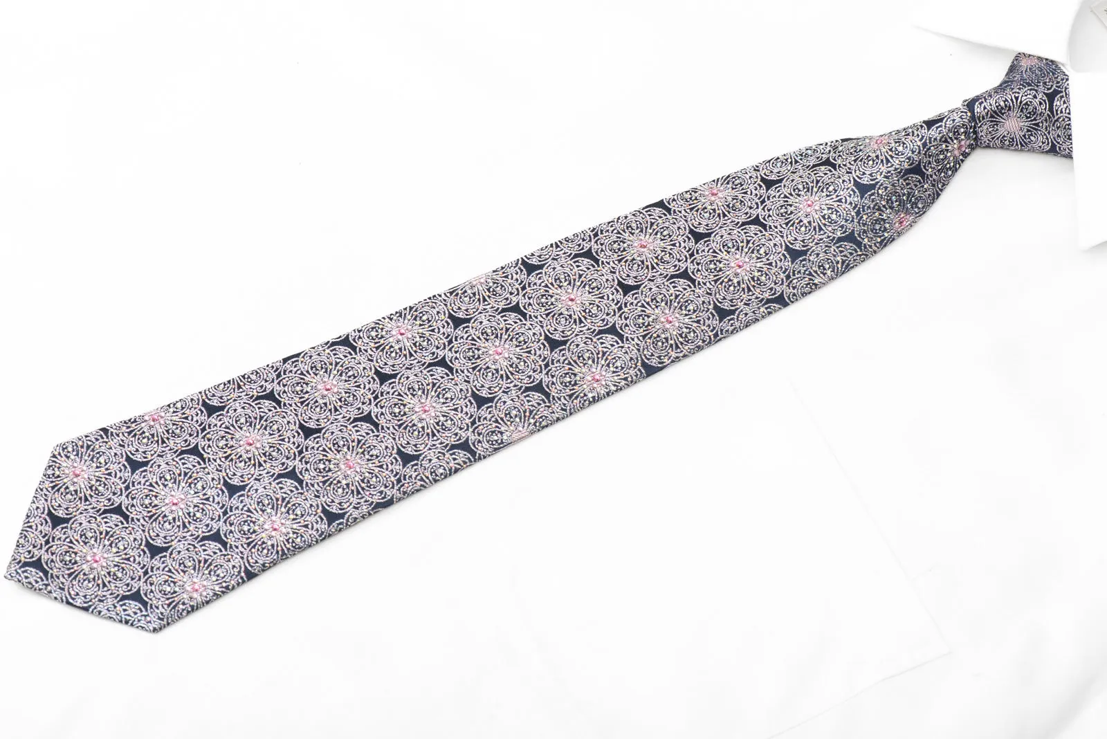 Silver Medallions Design On Dark Blue Rhinestone Tie With Sparkles