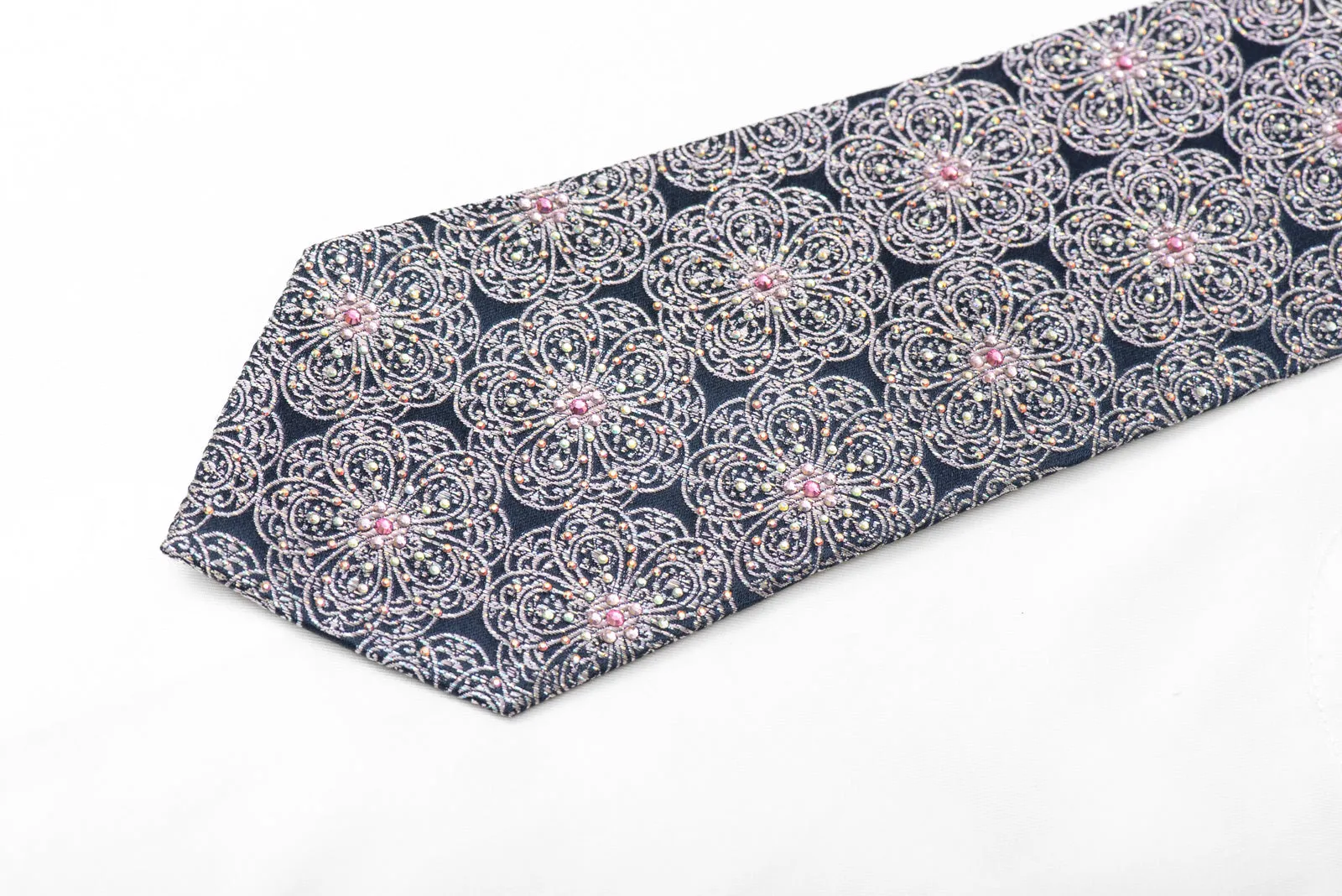 Silver Medallions Design On Dark Blue Rhinestone Tie With Sparkles
