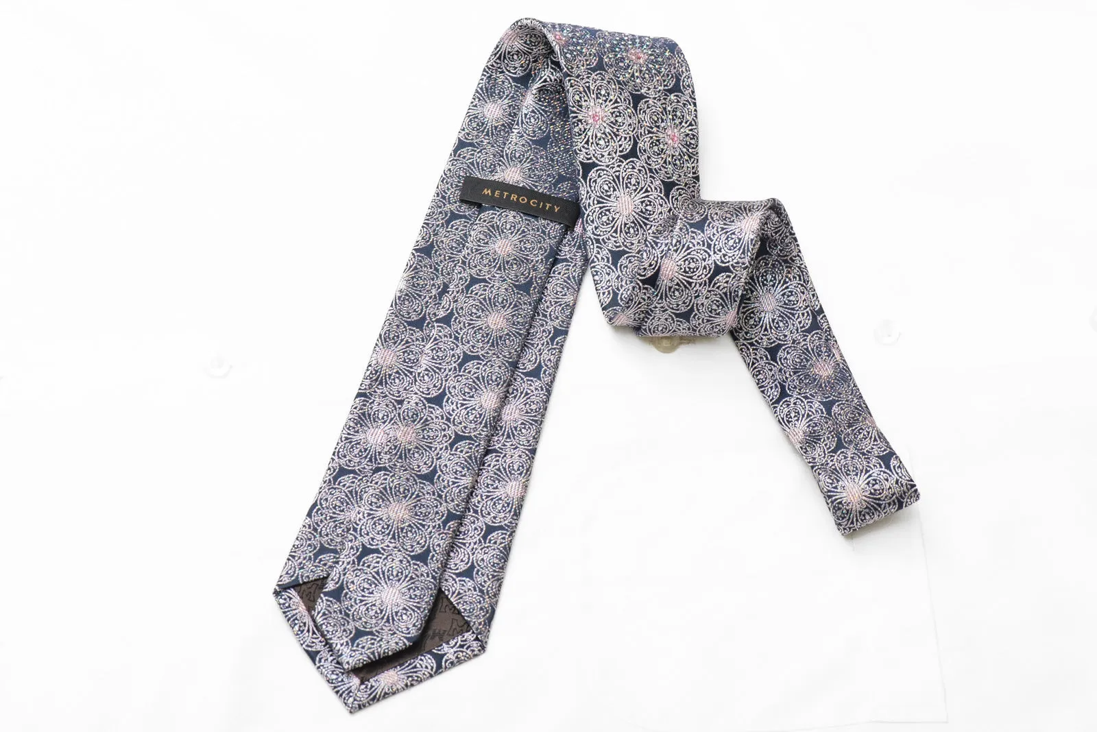 Silver Medallions Design On Dark Blue Rhinestone Tie With Sparkles
