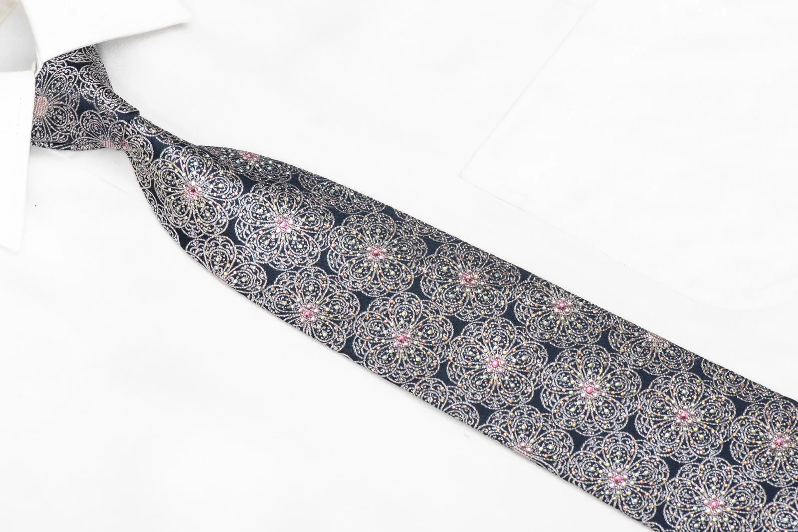 Silver Medallions Design On Dark Blue Rhinestone Tie With Sparkles