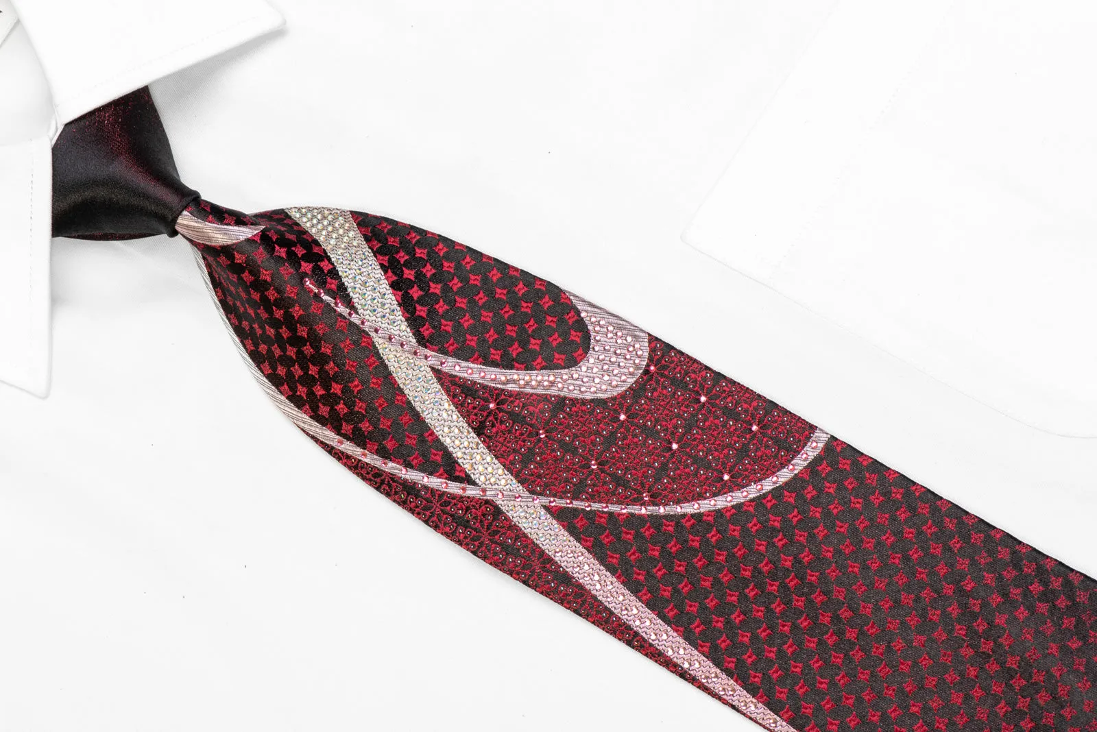 Silver Pink Scrolls & Red Geometric On Black Rhinestone Tie With Silver Sparkles
