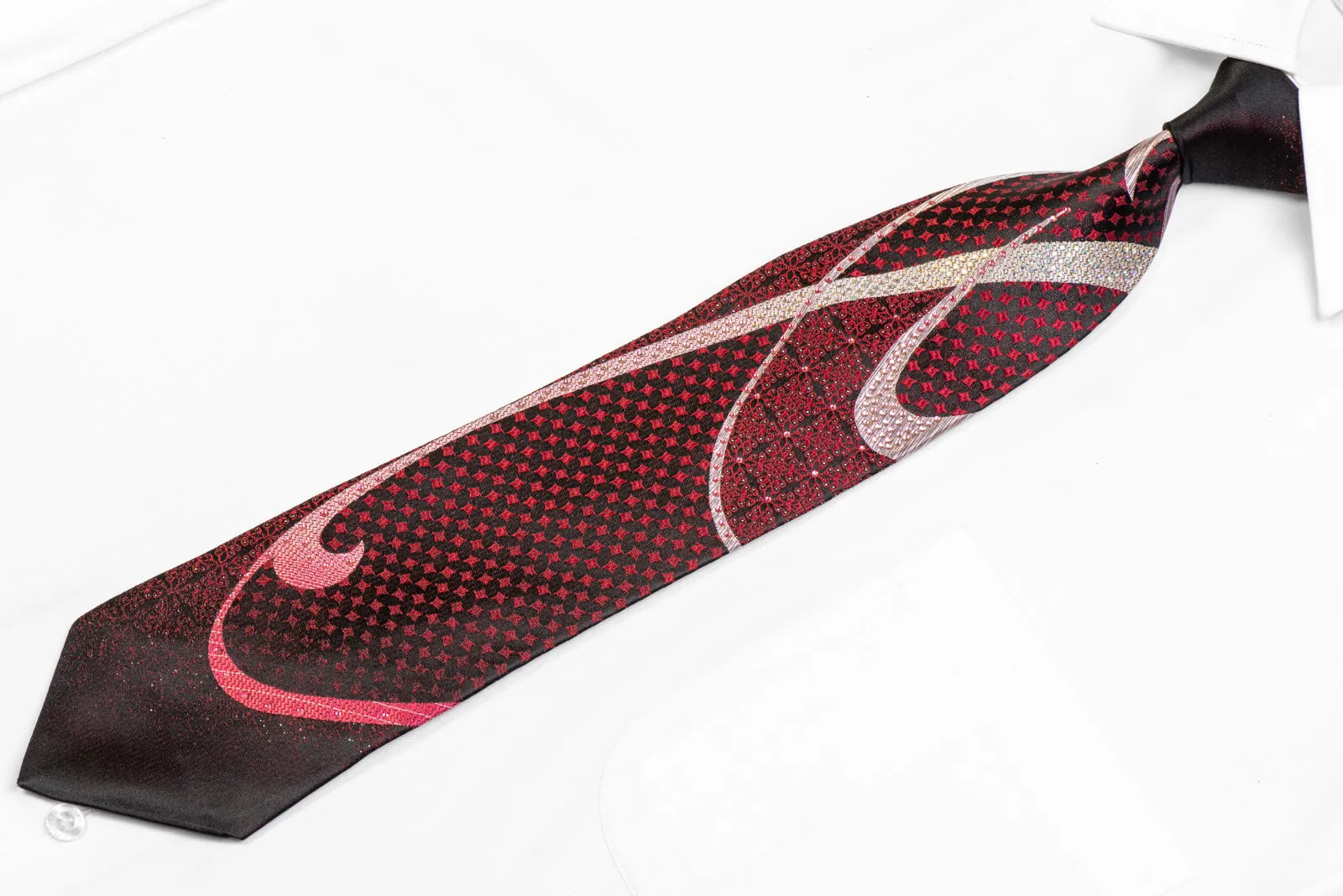Silver Pink Scrolls & Red Geometric On Black Rhinestone Tie With Silver Sparkles