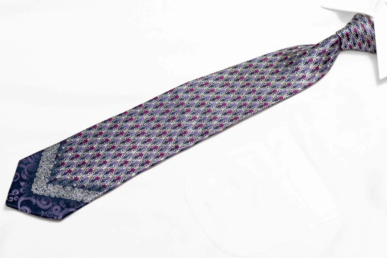 Silver Purple Cartouche On Navy Rhinestone Silk Necktie With Silver Sparkles