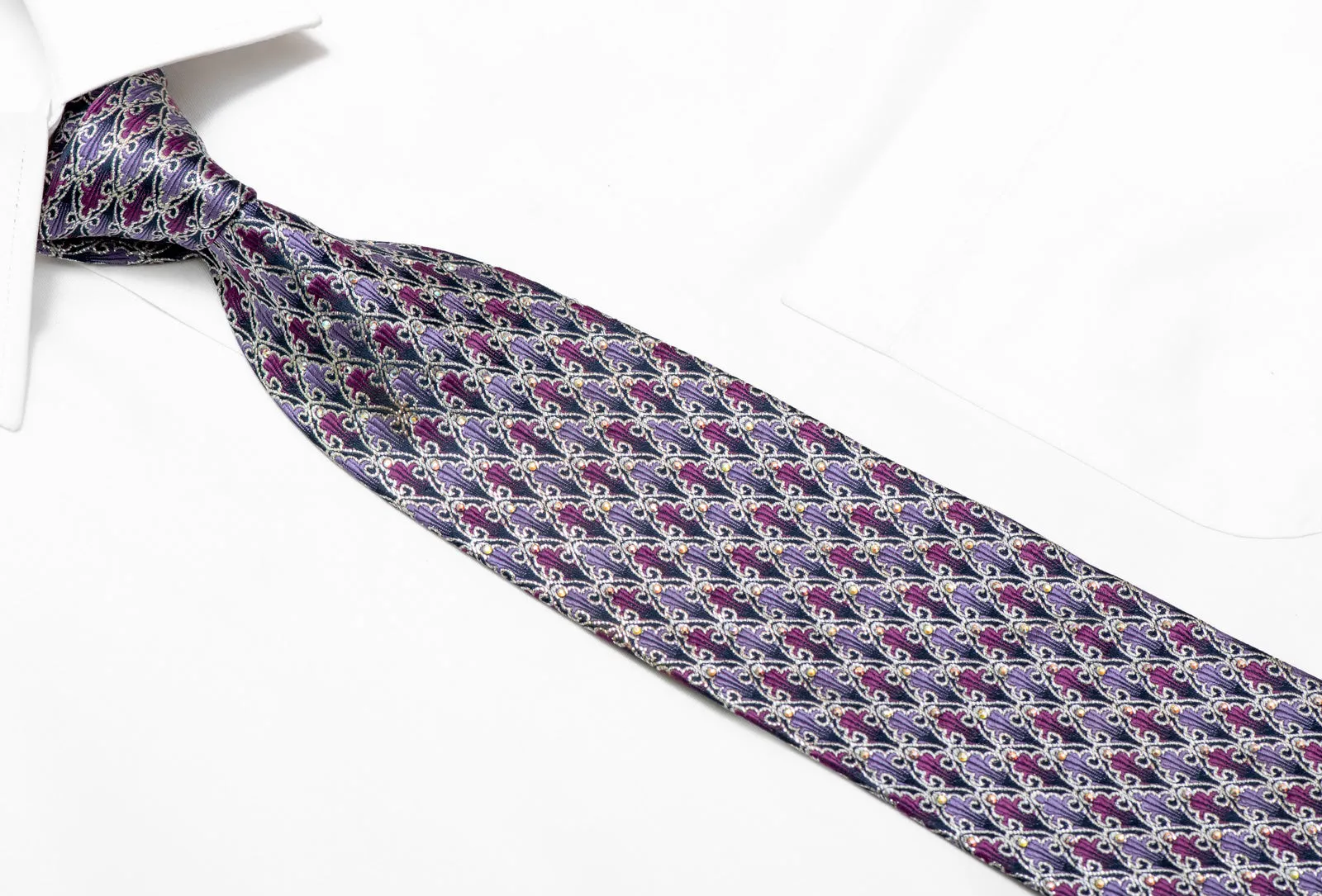 Silver Purple Cartouche On Navy Rhinestone Silk Necktie With Silver Sparkles