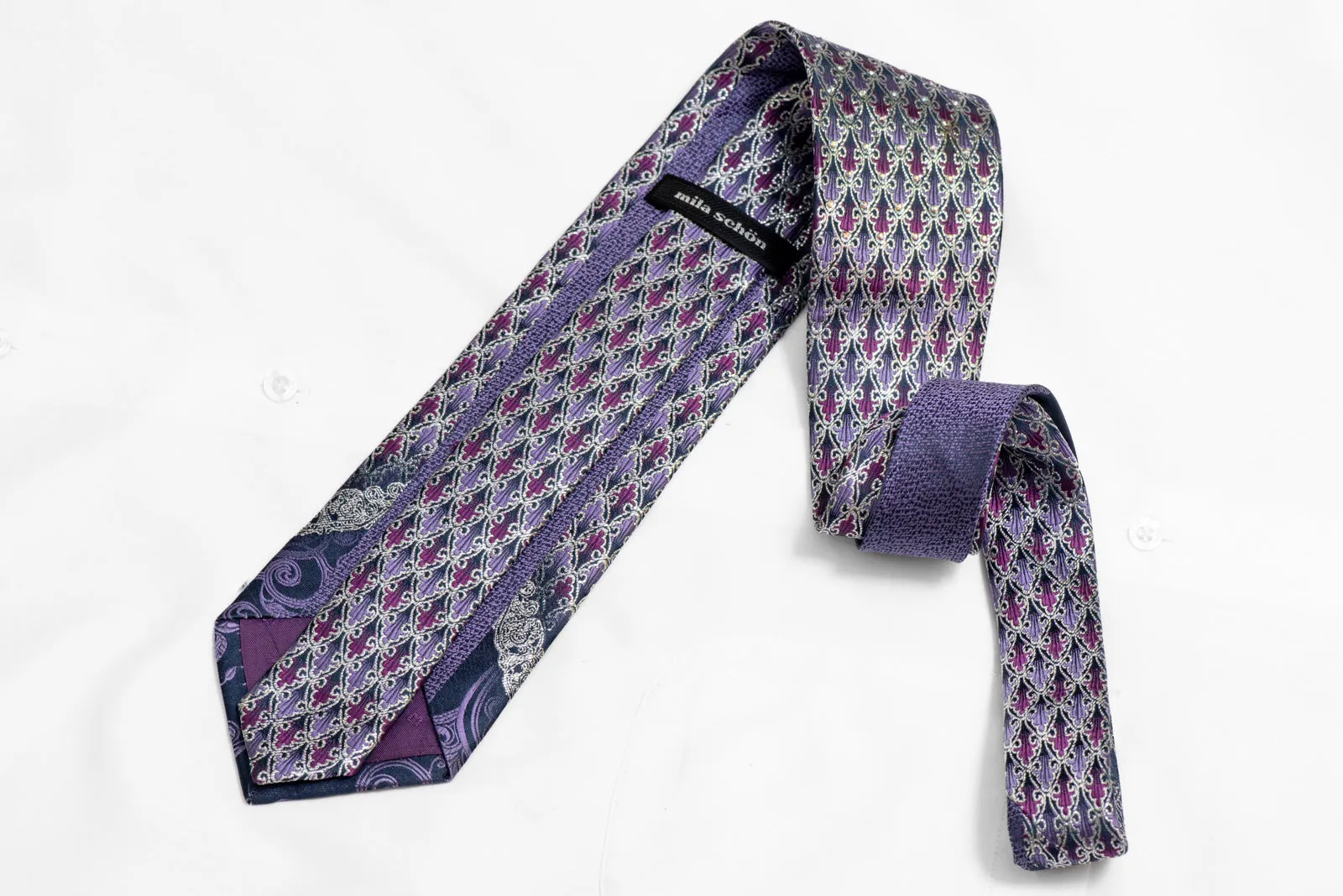 Silver Purple Cartouche On Navy Rhinestone Silk Necktie With Silver Sparkles