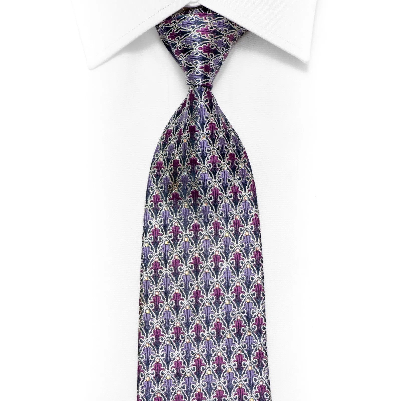 Silver Purple Cartouche On Navy Rhinestone Silk Necktie With Silver Sparkles