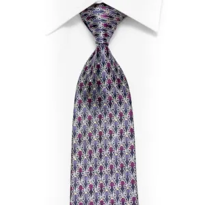 Silver Purple Cartouche On Navy Rhinestone Silk Necktie With Silver Sparkles
