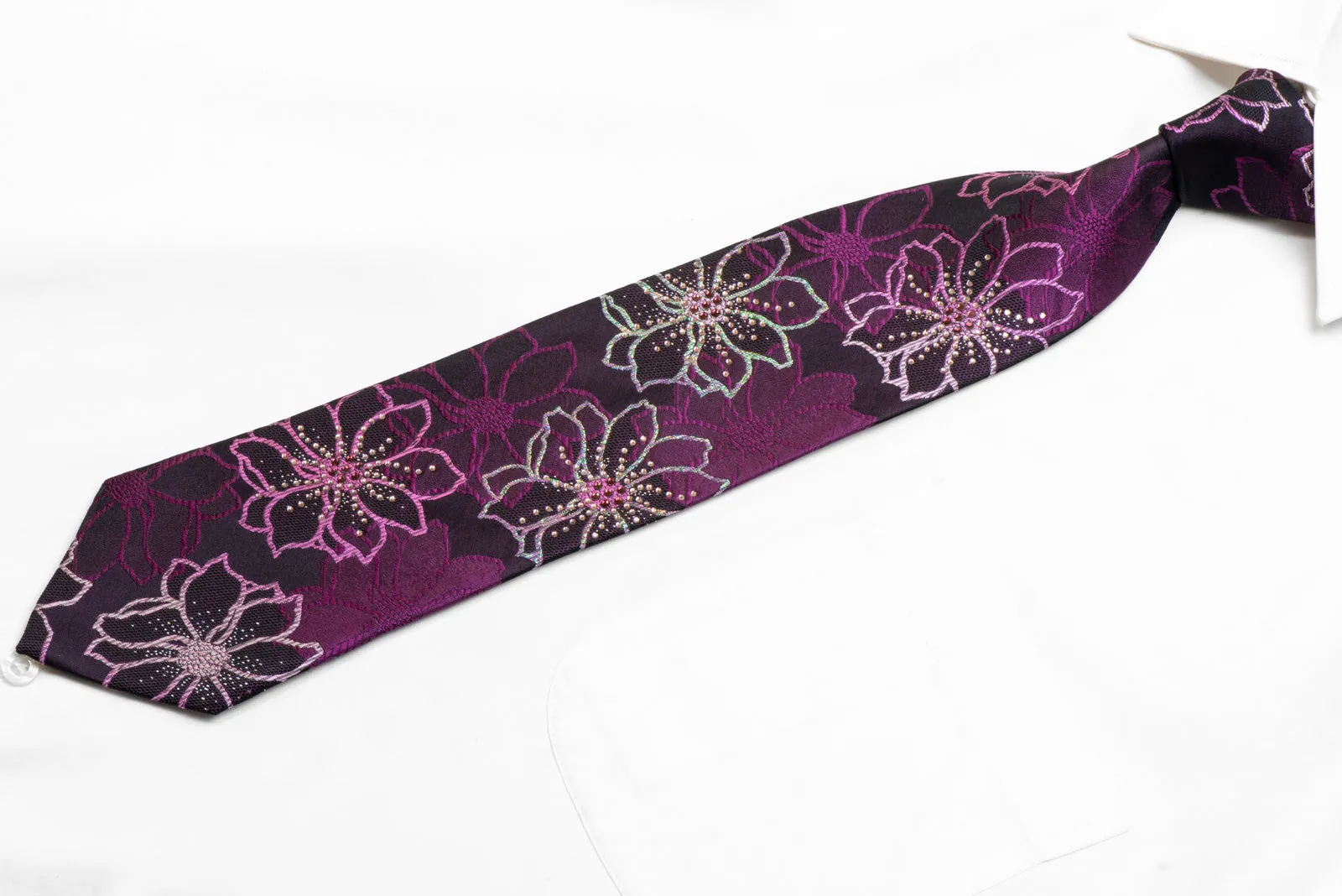 Silver Purple Floral On Purple Rhinestone Silk Necktie With Silver Sparkles