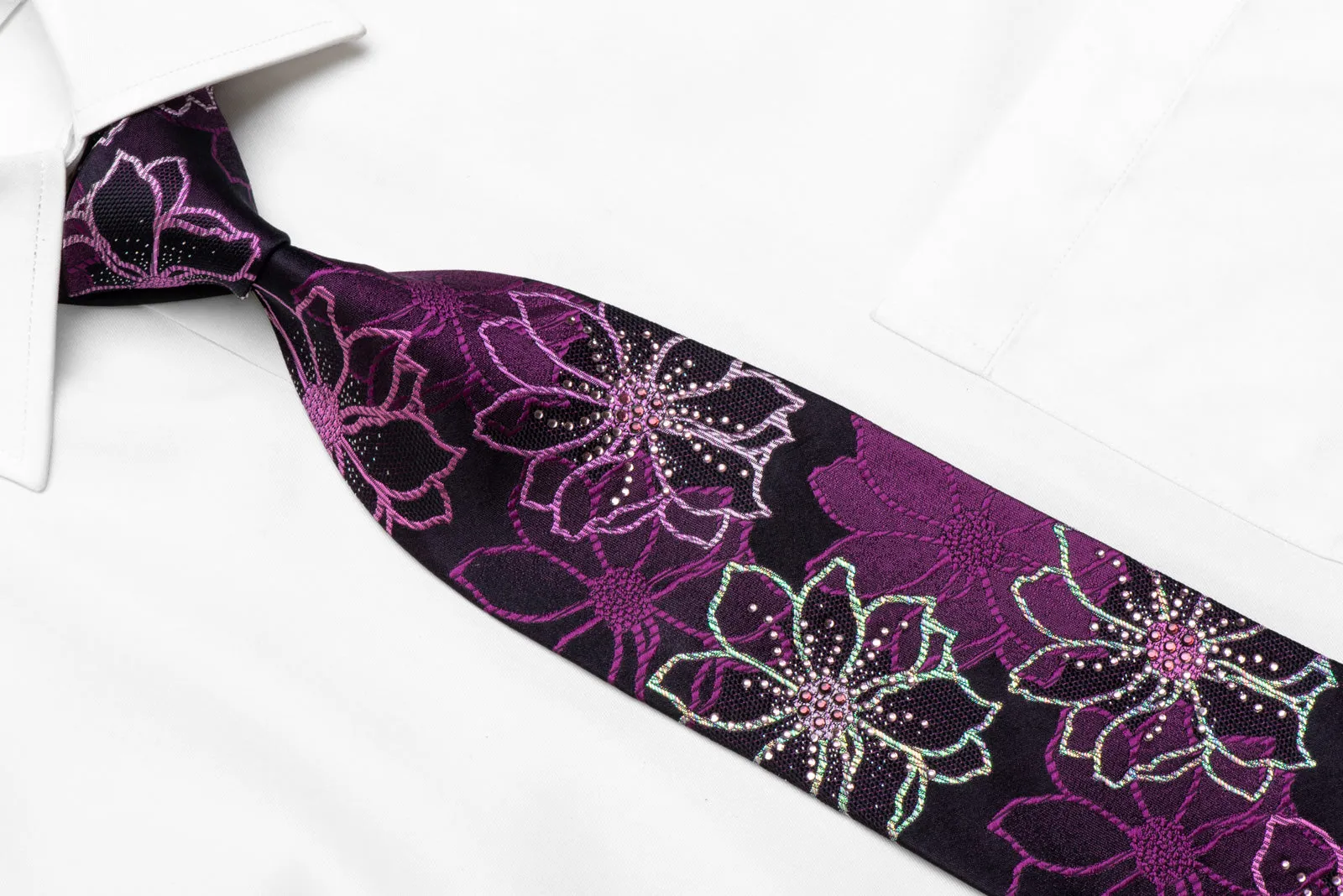 Silver Purple Floral On Purple Rhinestone Silk Necktie With Silver Sparkles