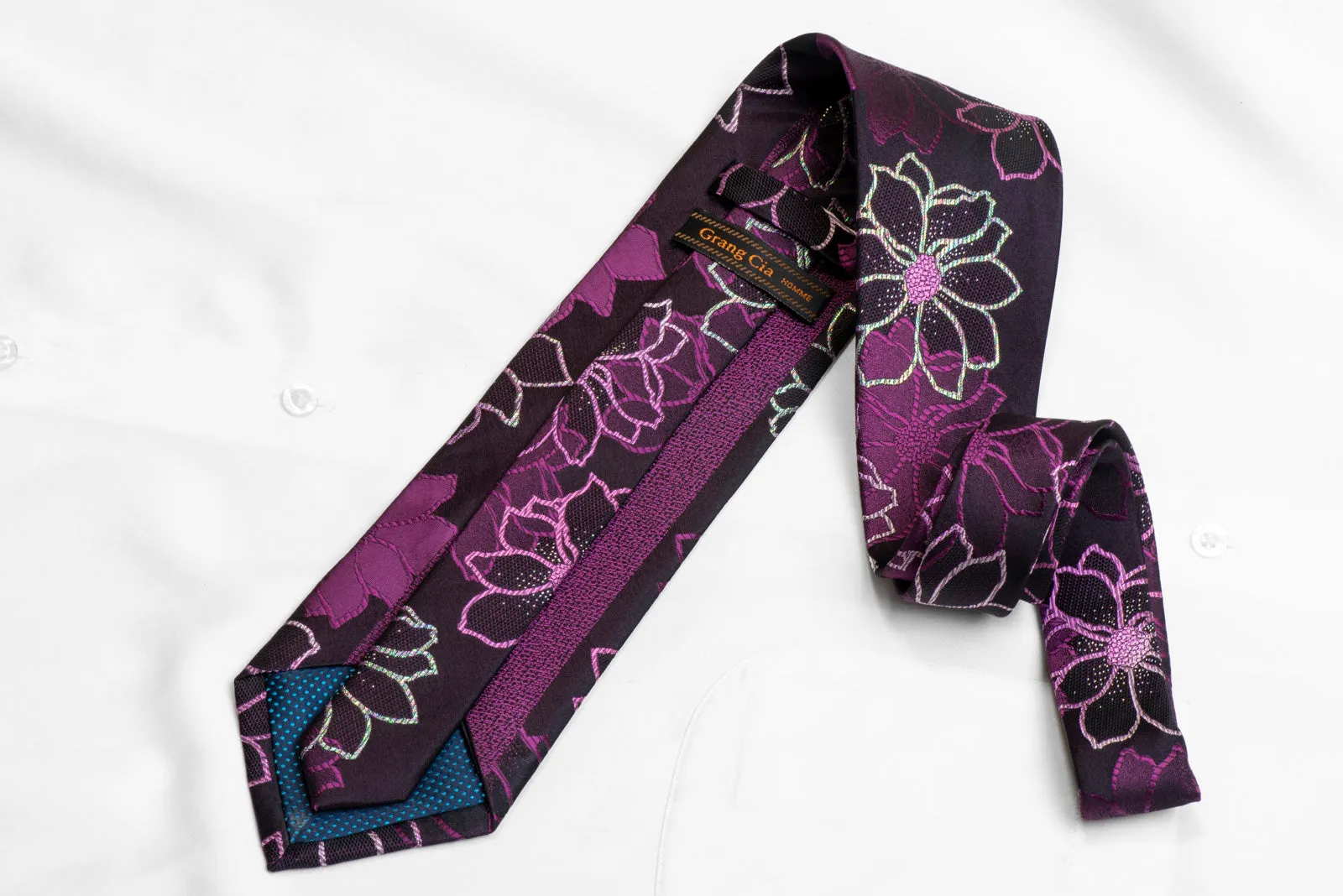 Silver Purple Floral On Purple Rhinestone Silk Necktie With Silver Sparkles