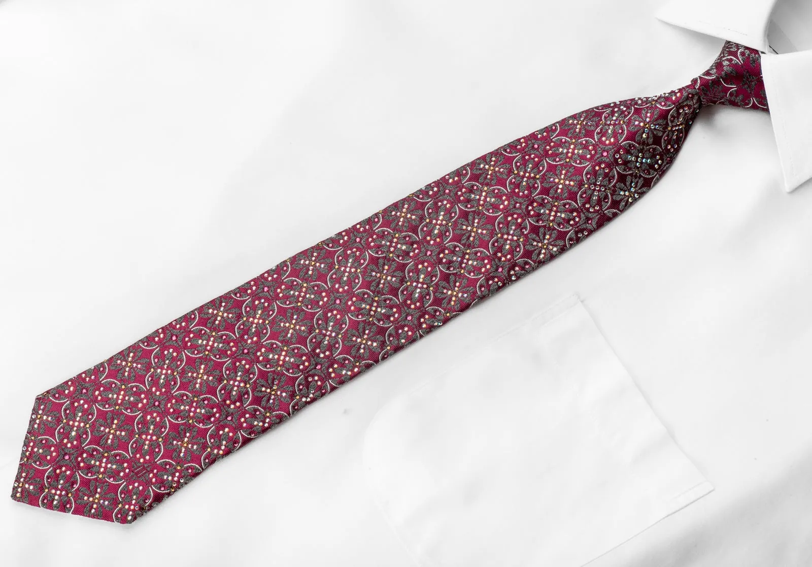 Silver Purple Geometric Rhinestone Silk Tie