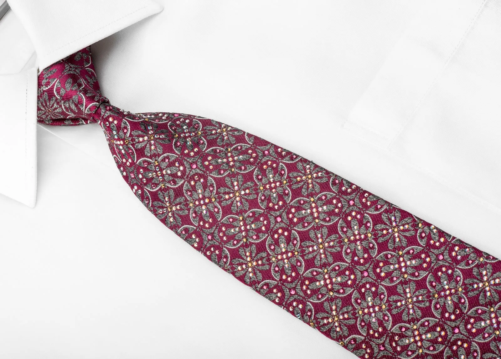 Silver Purple Geometric Rhinestone Silk Tie