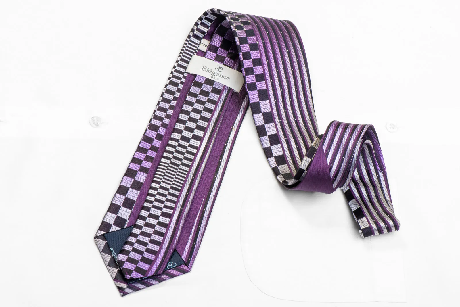 Silver Purple Vertical Striped On Navy Rhinestone Silk Tie With Sparkles